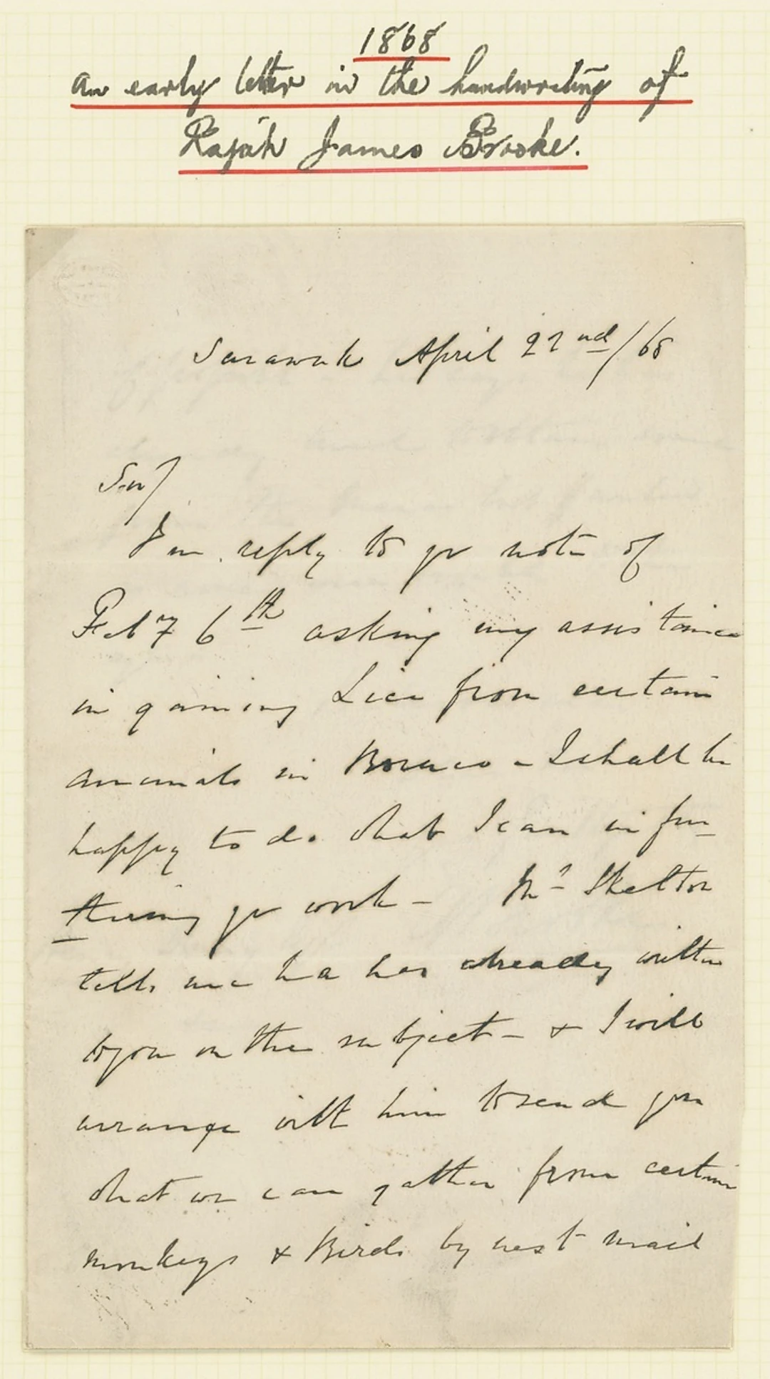 Sarawak Early Brooke Letters 1868 (14 Jan.) three page letter written