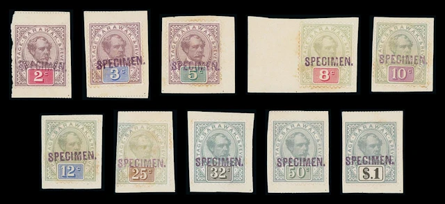 Sarawak 1888-97 "postage & revenue" Issue Specimen Stamps 2c., 3c.