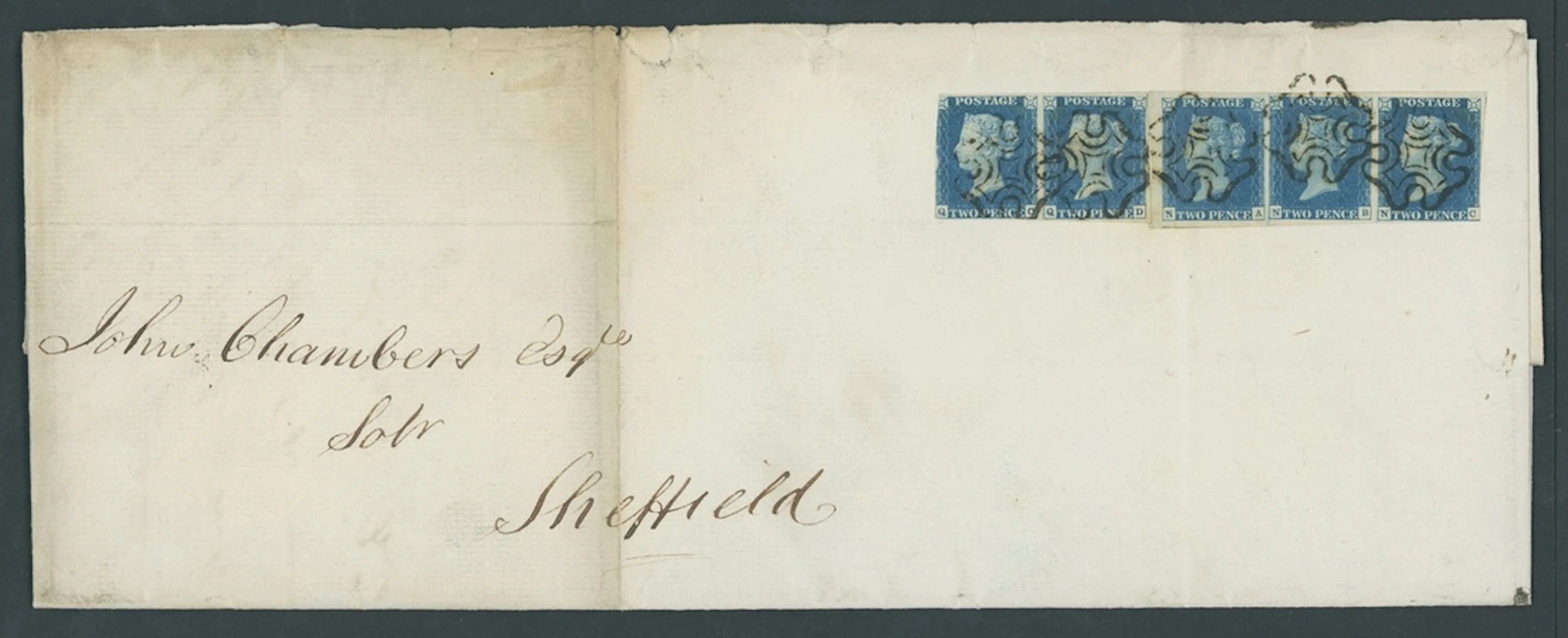 Great Britain 1840 Two Pence Blue Plate 2 QC-QD pair and NA-NC trip