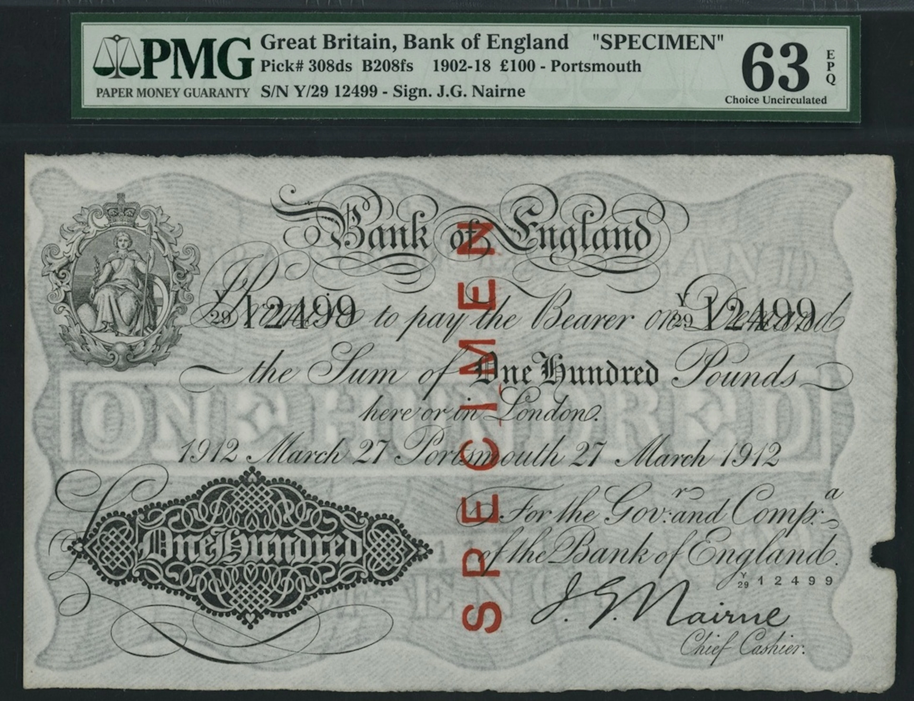 Bank of England, J. G. Nairne, £100, Portsmouth, 27th March 1912