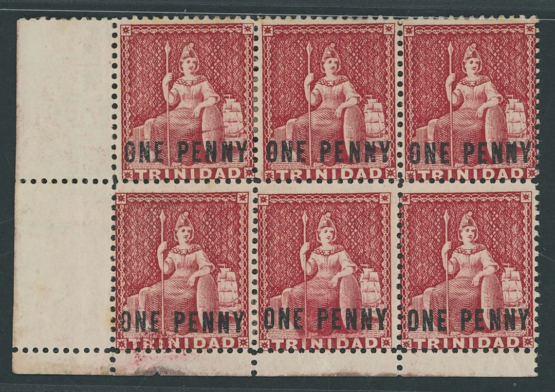 Trinidad 1879-82 CA 1d. rose-carmine lower left corner block of six