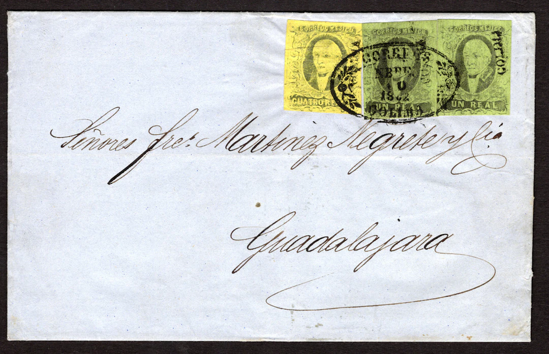 1861 "Hidalgos" Colima. 1r. Black on Green, two singles, and 4r. Black