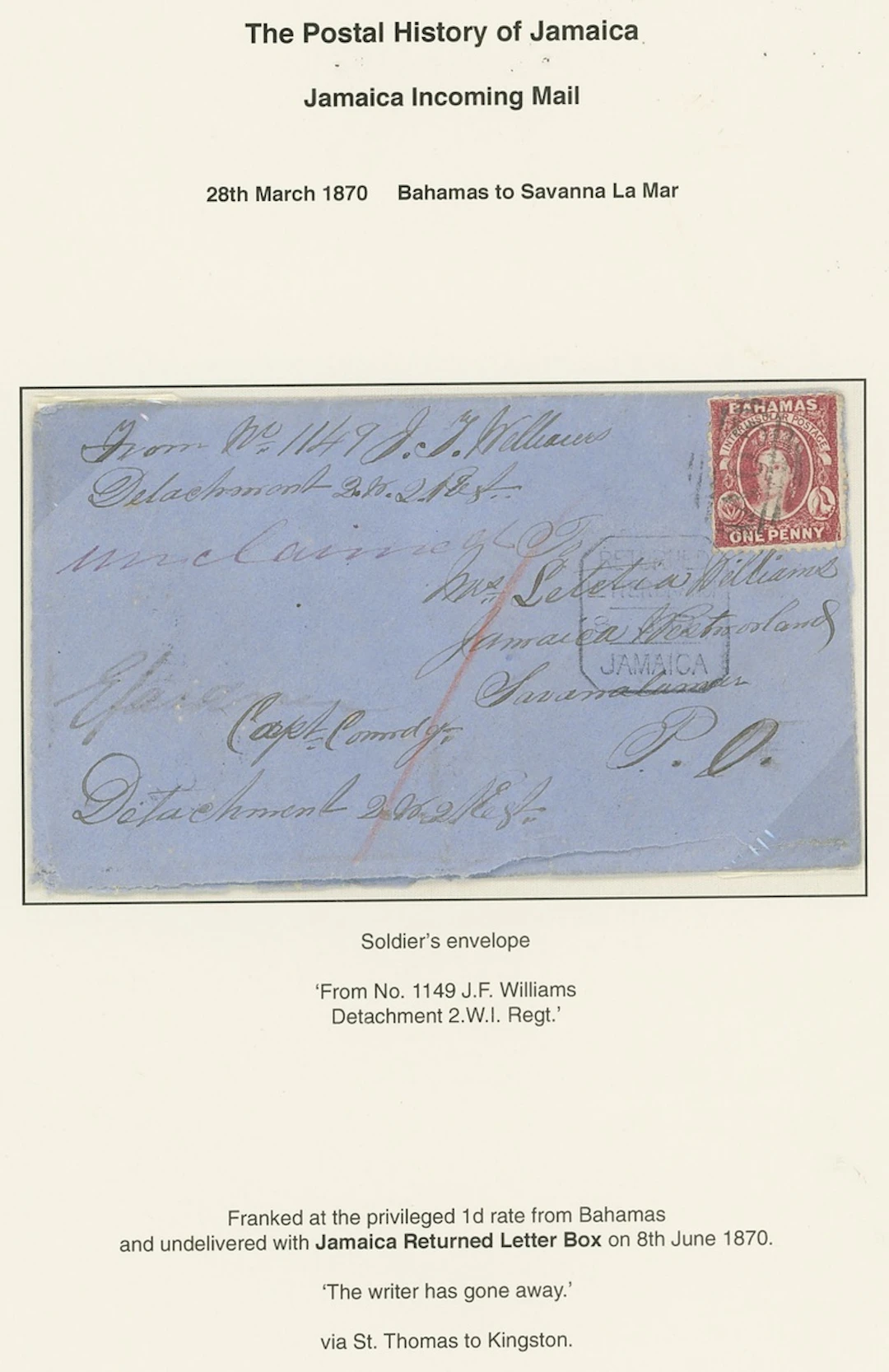 Bahamas 1870 (28 Mar.) blue soldier's envelope "From No. 1149 J.F.