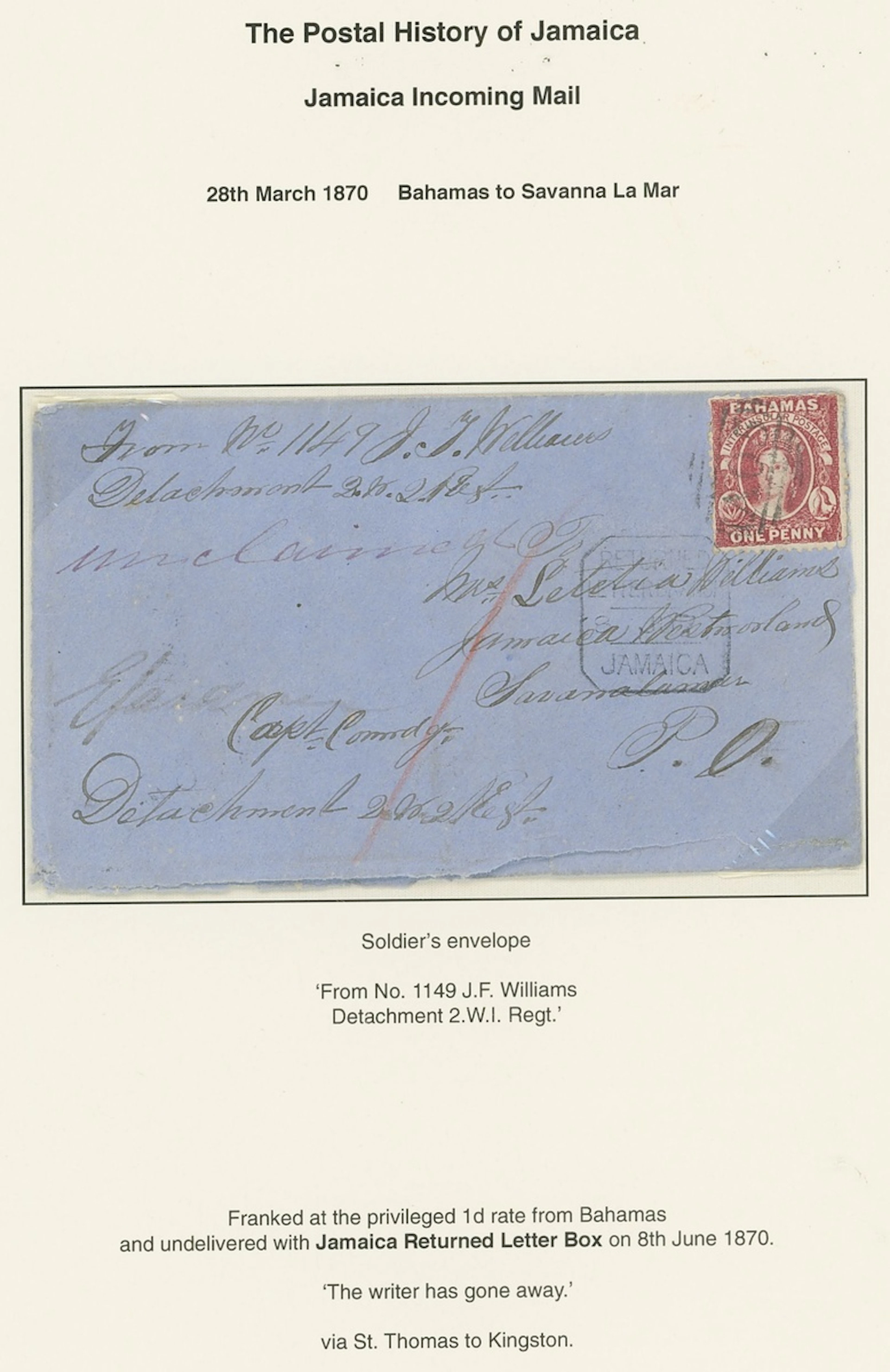 Bahamas 1870 (28 Mar.) blue soldier's envelope "From No. 1149 J.F.
