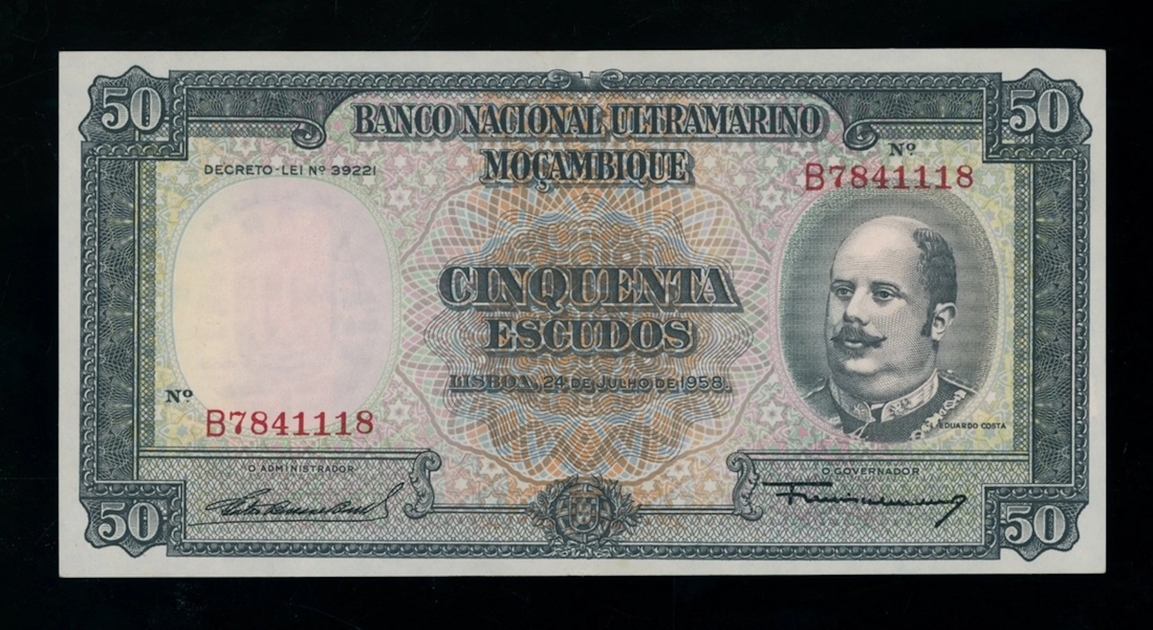 Banco Nacional Ultramarino, Mozambique, 50 escudos, 1958, serial number