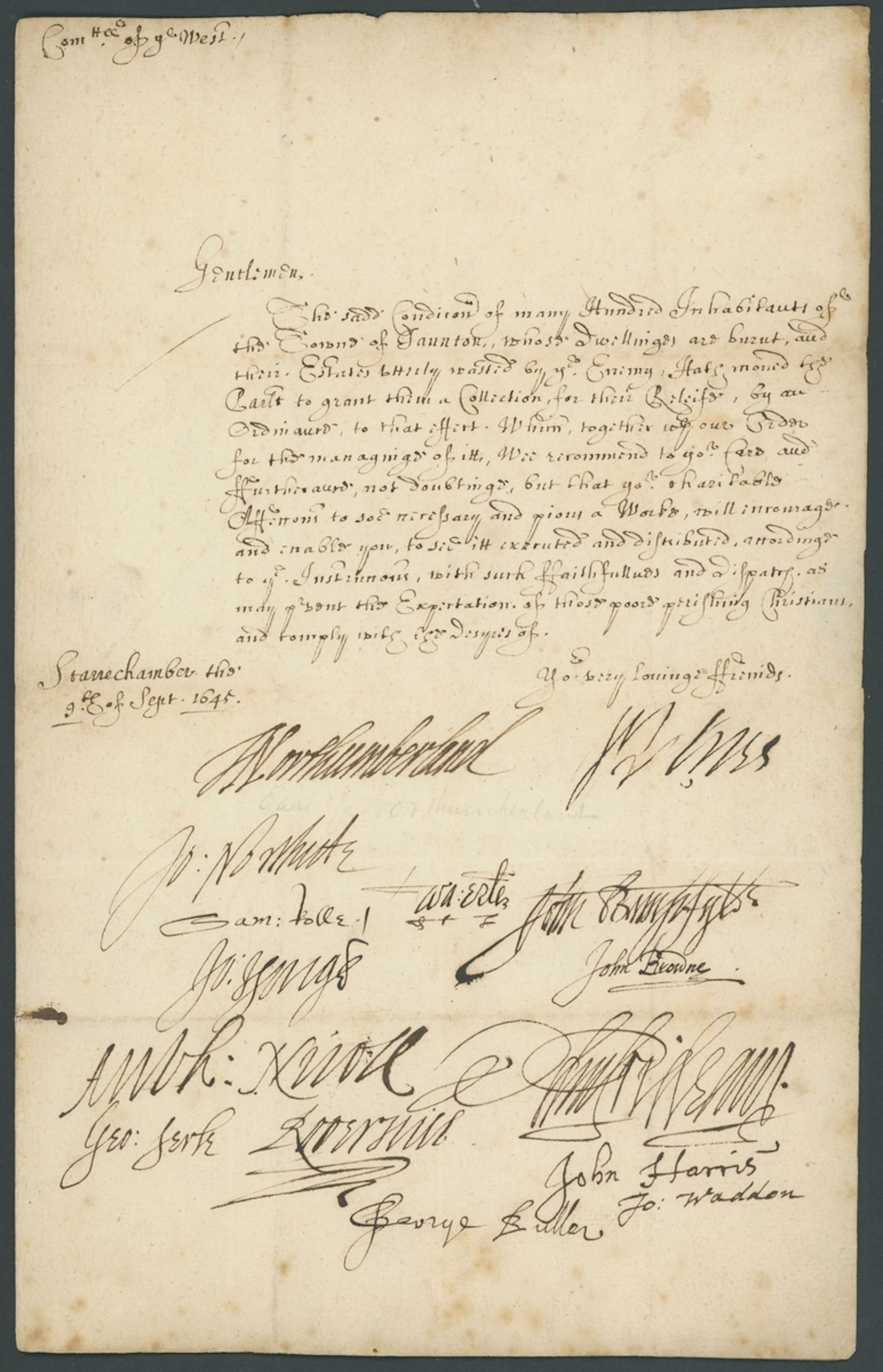 Algernon Percy, the Relief of Taunton 1645 (9 Sept.) letter from "Stanechamber"