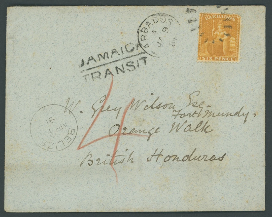 Barbados Britannia Issues Covers 1881 (9 Jan.) envelope to British
