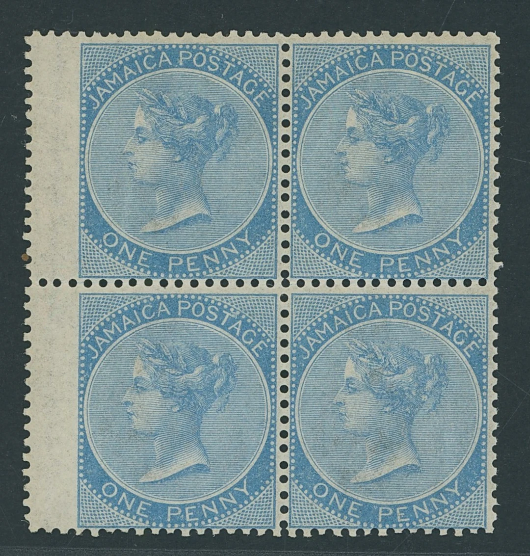Jamaica 1860-70 Watermark Pineapple Issued Stamps 1d. pale blue block