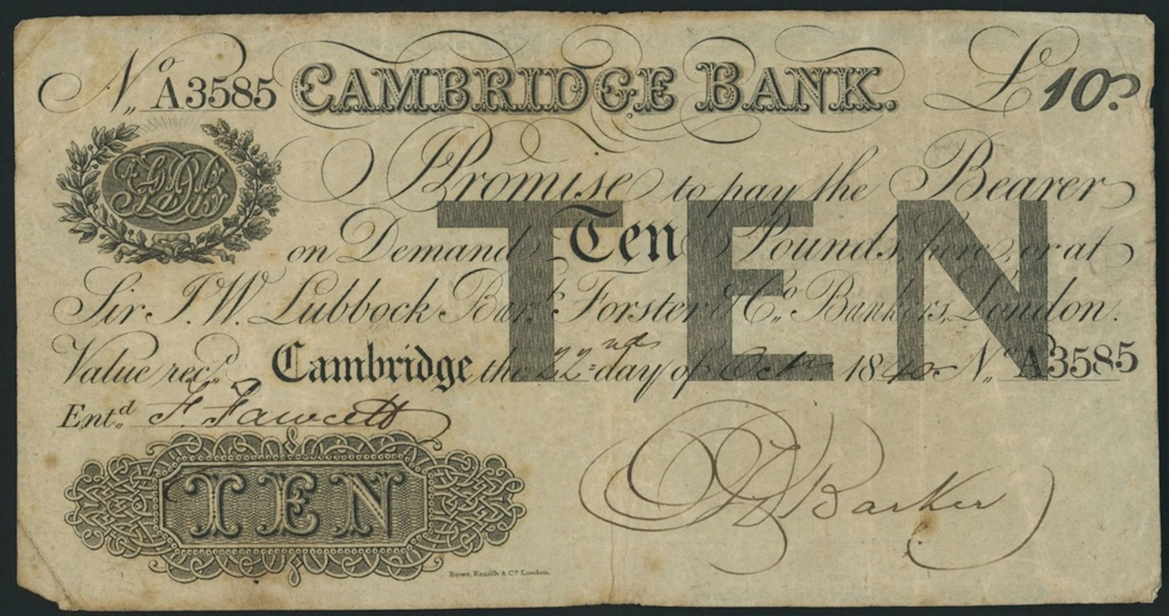 Cambridge Bank, for Field Dunne Barker, £10, 22nd October 1840, serial
