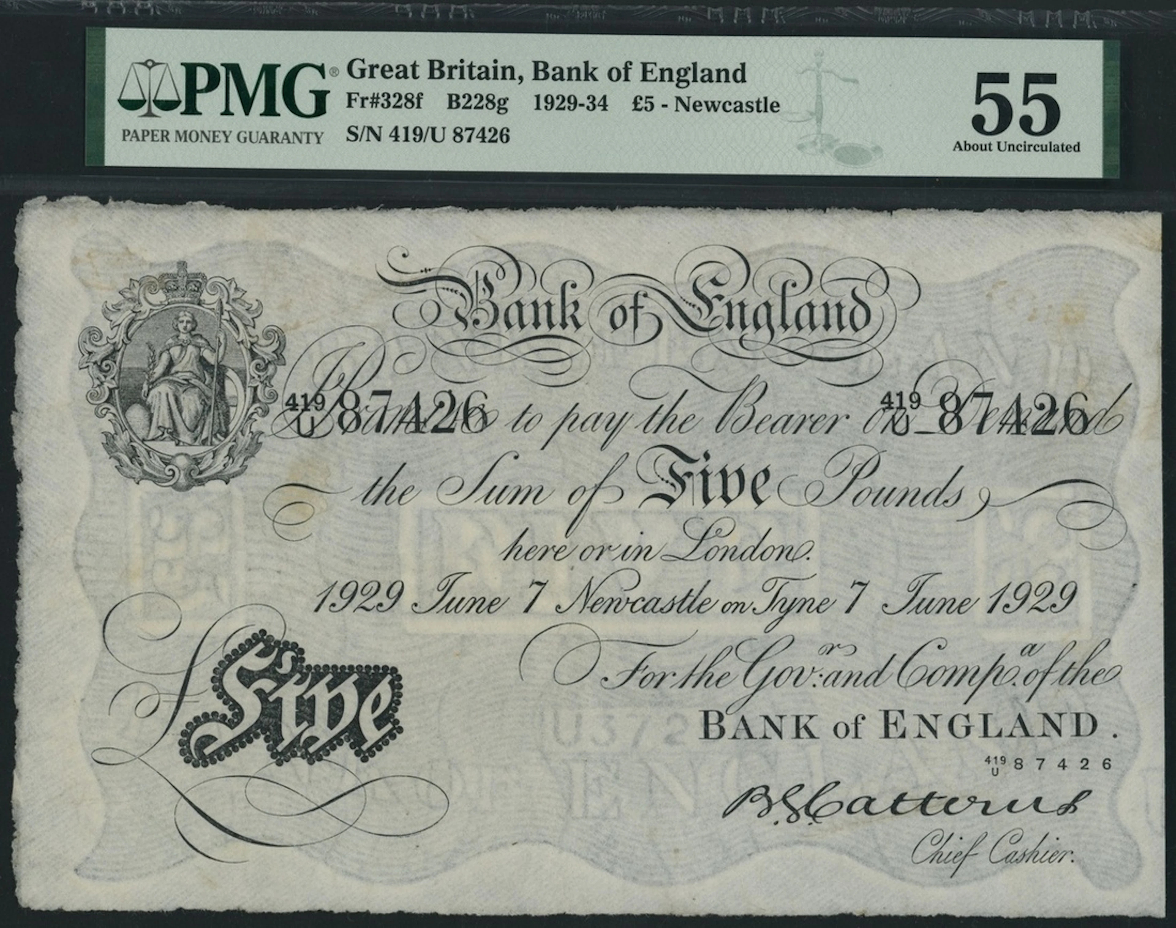 Bank of England, B. G. Catterns, £5, Newcastle, 7th June 1929, serial