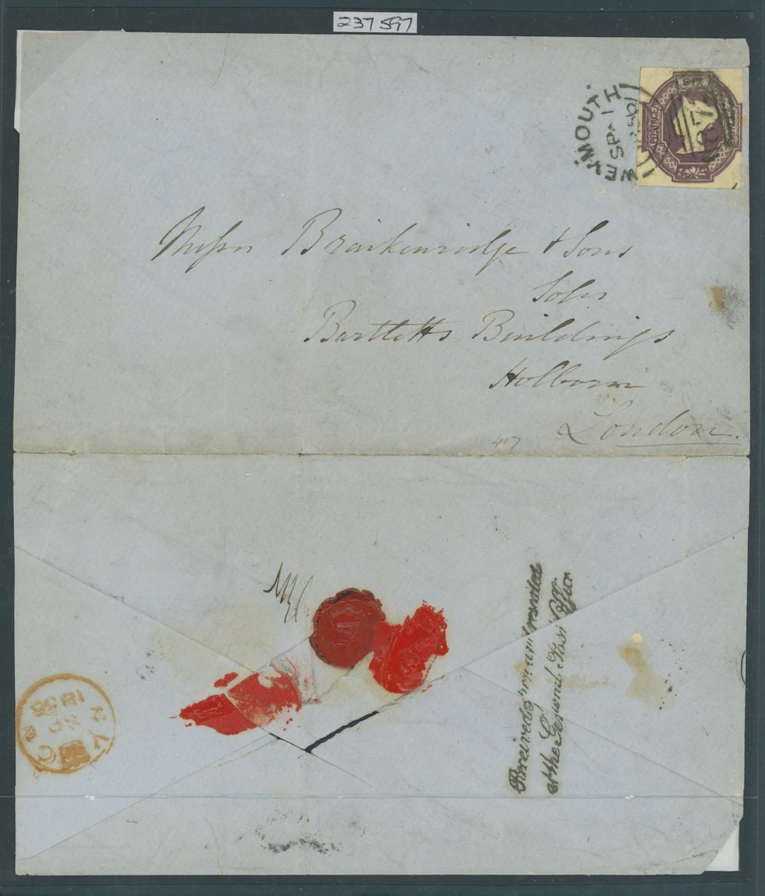 Great Britain 1847-54 Embossed 6d. purple tied by Weymouth 01.09.56