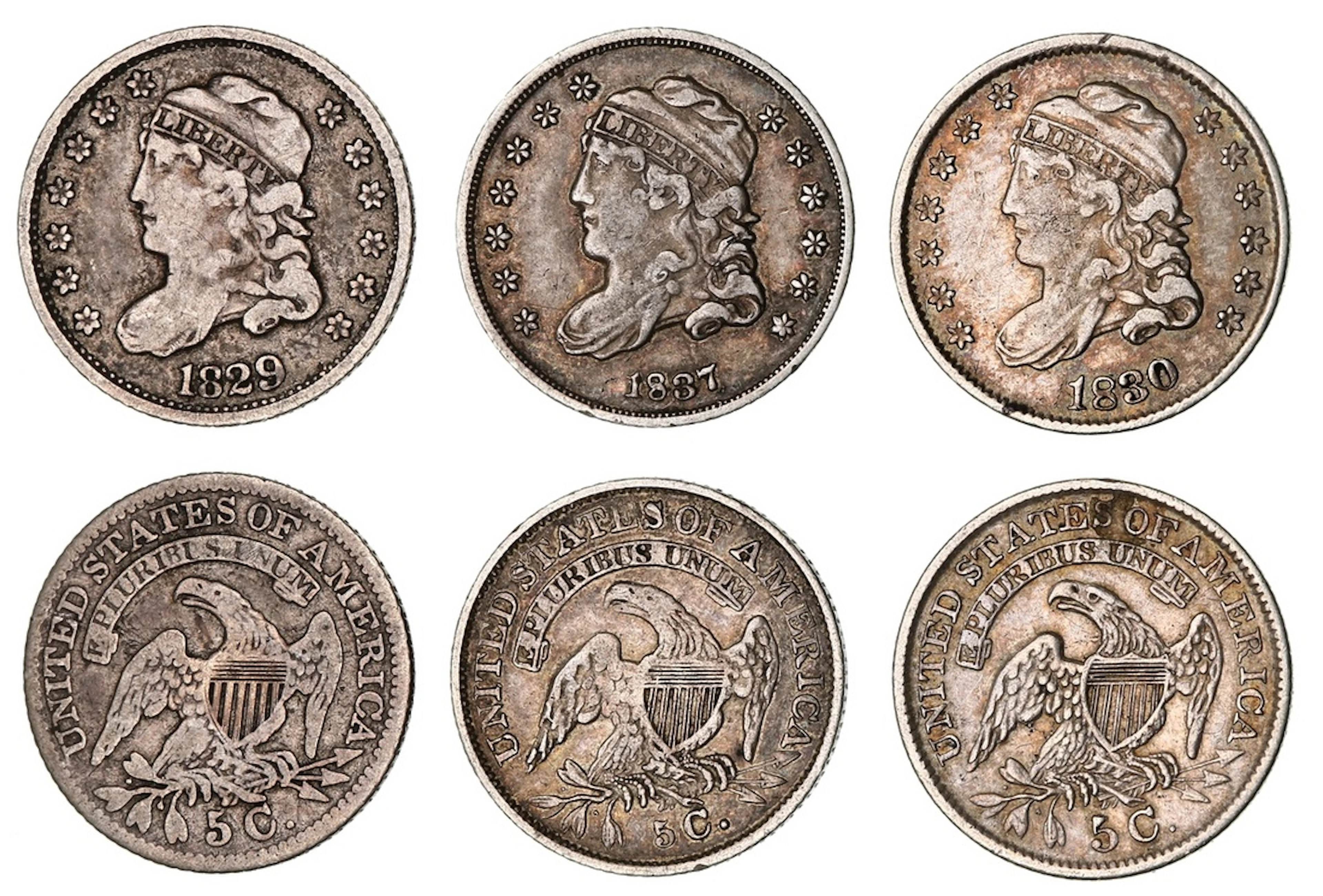 USA, 'Capped Bust' Half-Dimes, 1829; 1830; 1837, Philadelphia, by John Reich