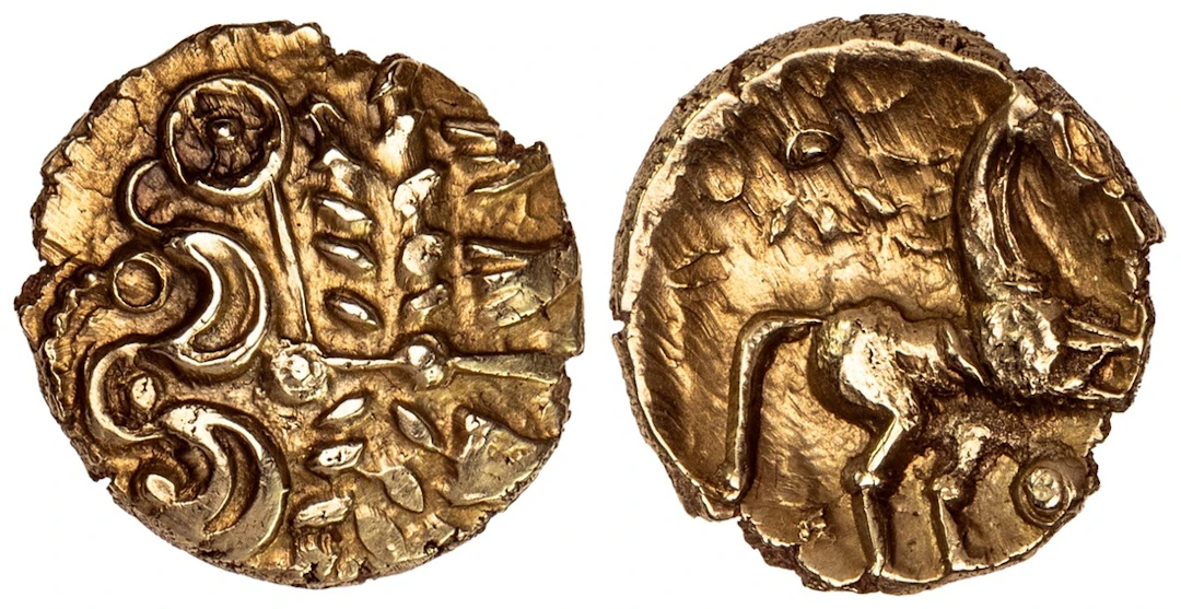 Trinovantes, AV Quarter-Stater, 'Maldon Wheel' Type, wreath, crescents