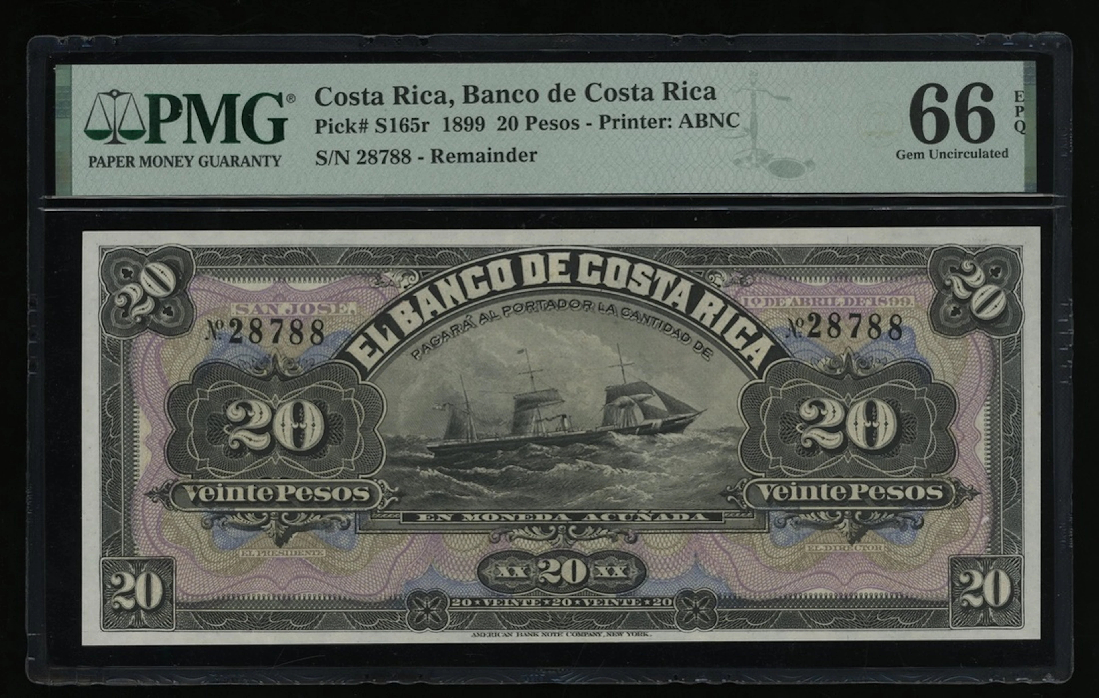 Banco de Costa Rica, remainder 20 pesos, 1899, serial number 28788