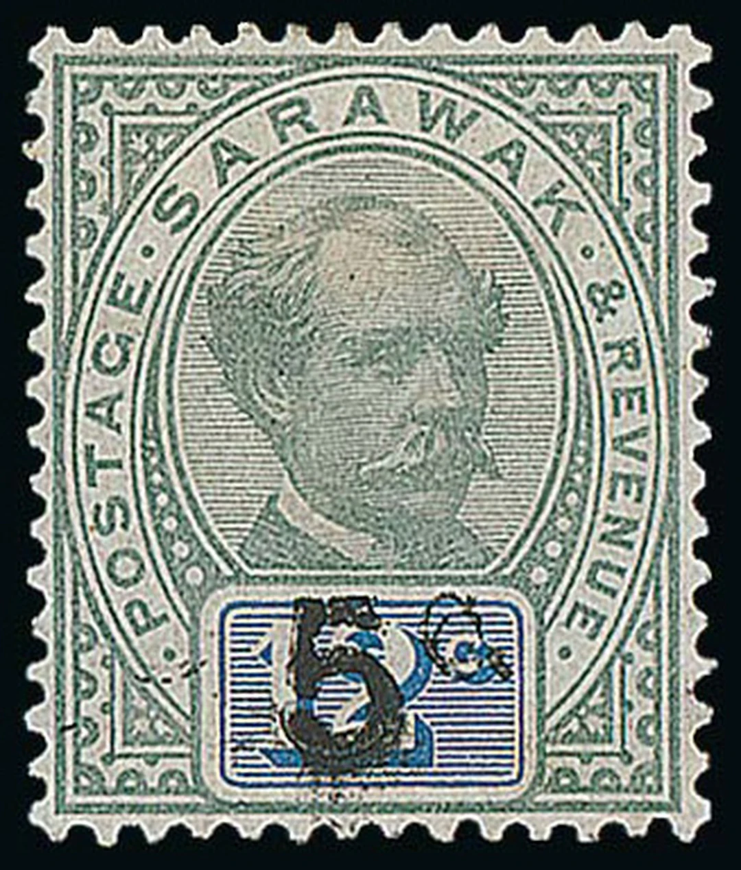 Sarawak 1889-92 Provisionals "5c" (Type 8) on 12c. green and blue