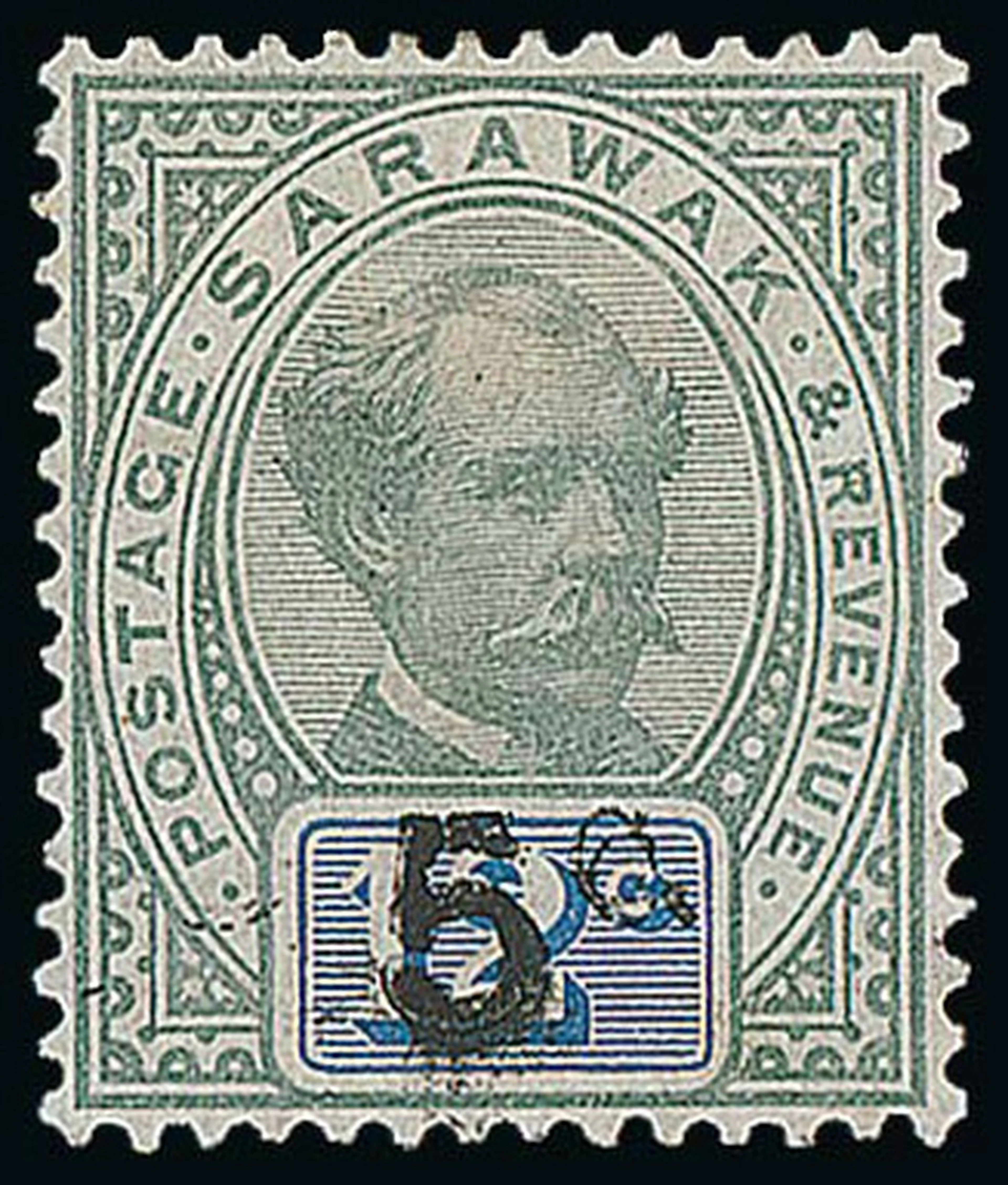 Sarawak 1889-92 Provisionals "5c" (Type 8) on 12c. green and blue