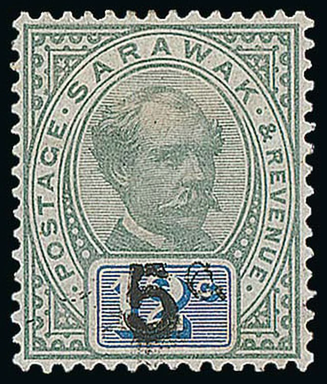Sarawak 1889-92 Provisionals "5c" (Type 8) on 12c. green and blue