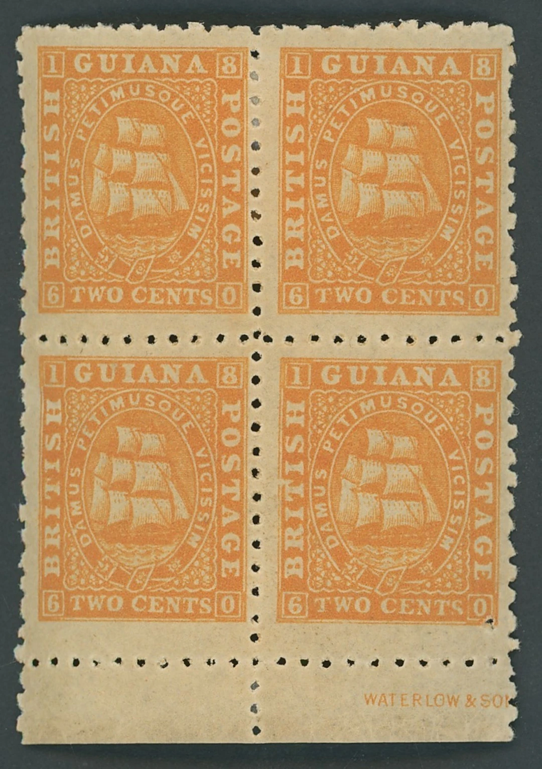 British Guiana 1863-76 perf 10 2c. orange block of four with margin