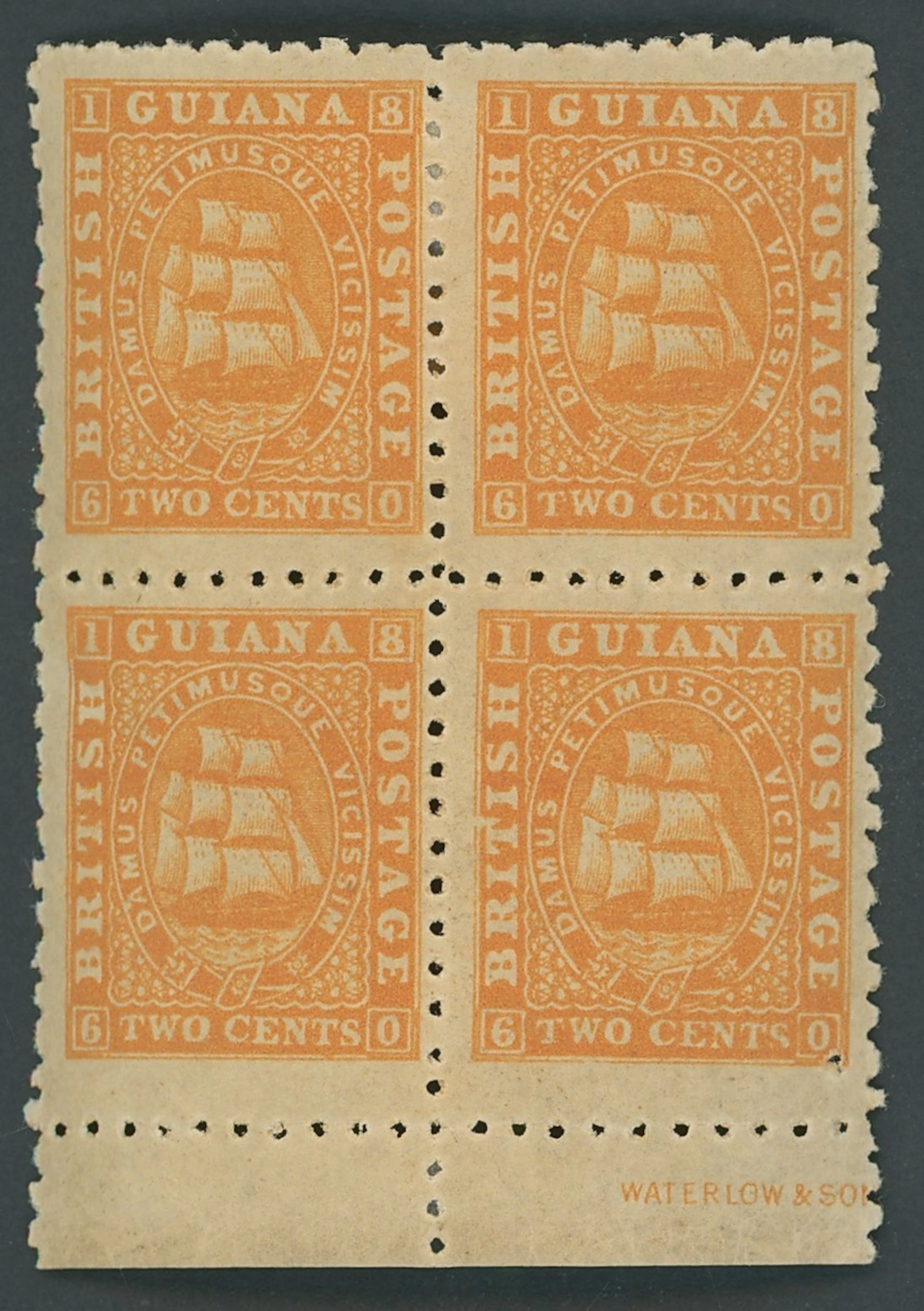 British Guiana 1863-76 perf 10 2c. orange block of four with margin