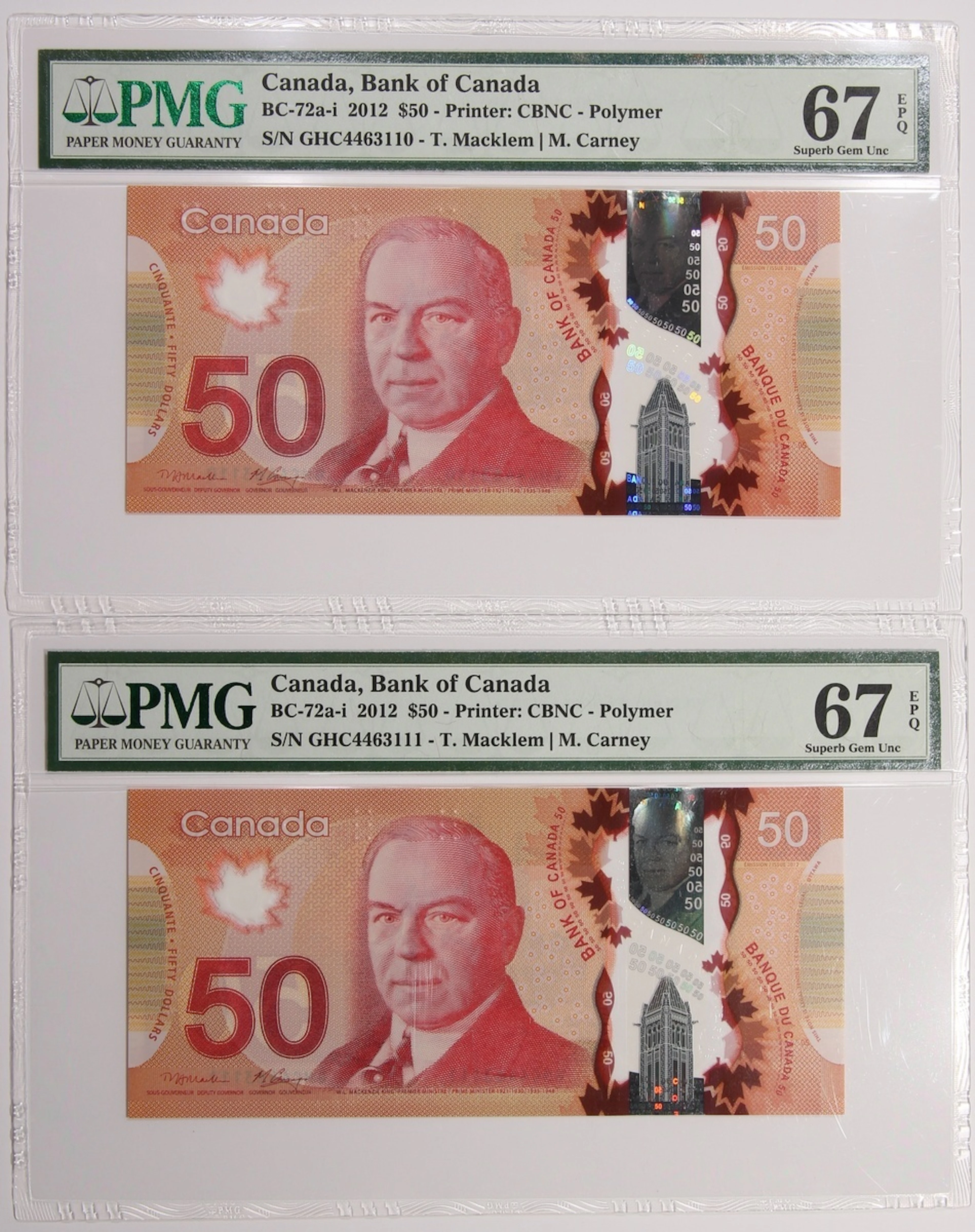 Bank of Canada, consecutive pair $50, 2012, serial numbers GHC4463110/111