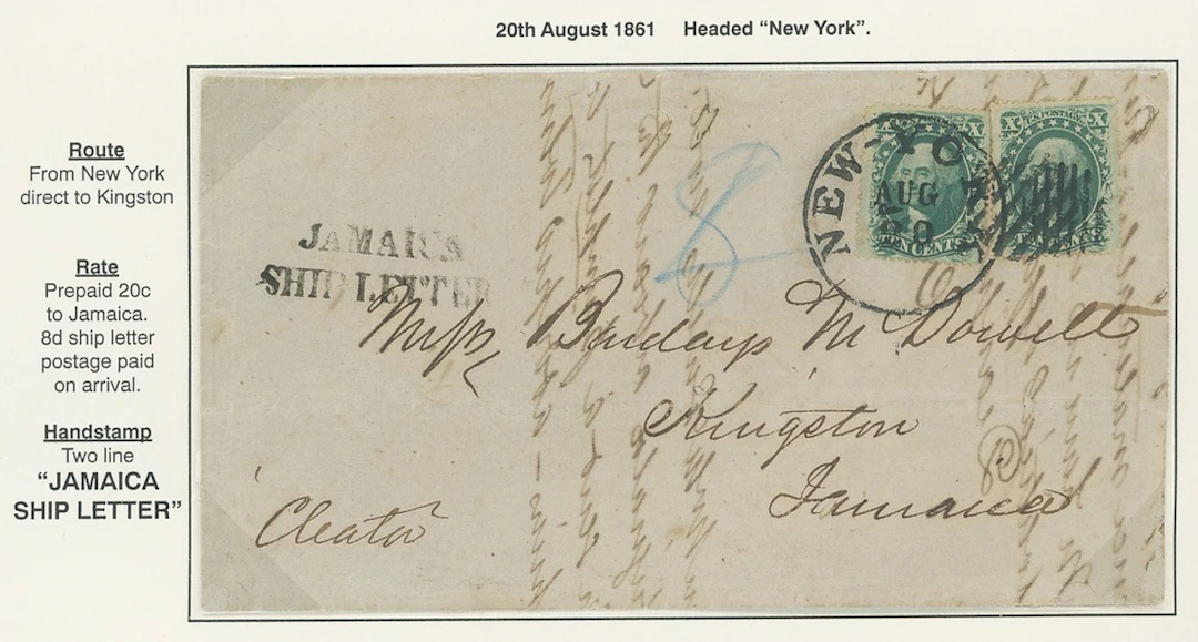 Jamaica Ship Letter Handstamps 1861 (20 Aug.) entire letter from New