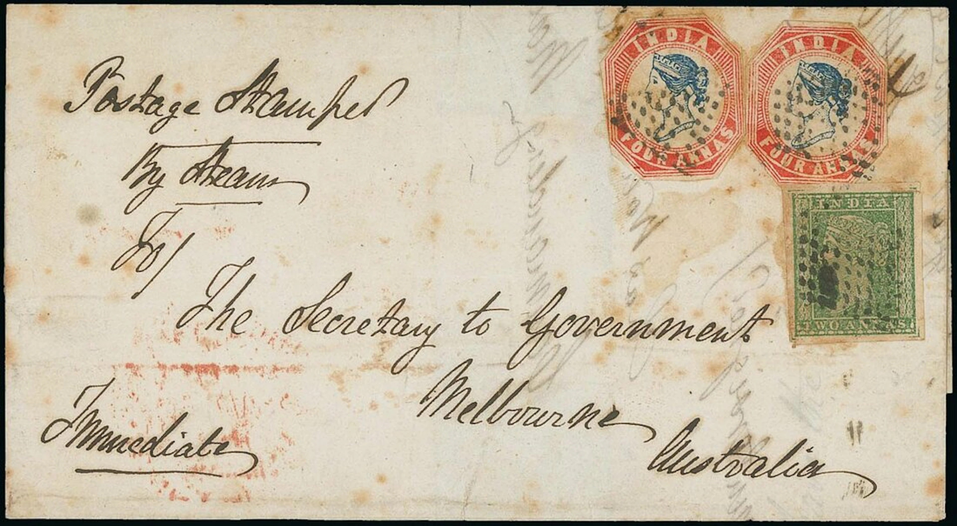 Straits Settlements India used in Penang 1856 entire to Melbourne