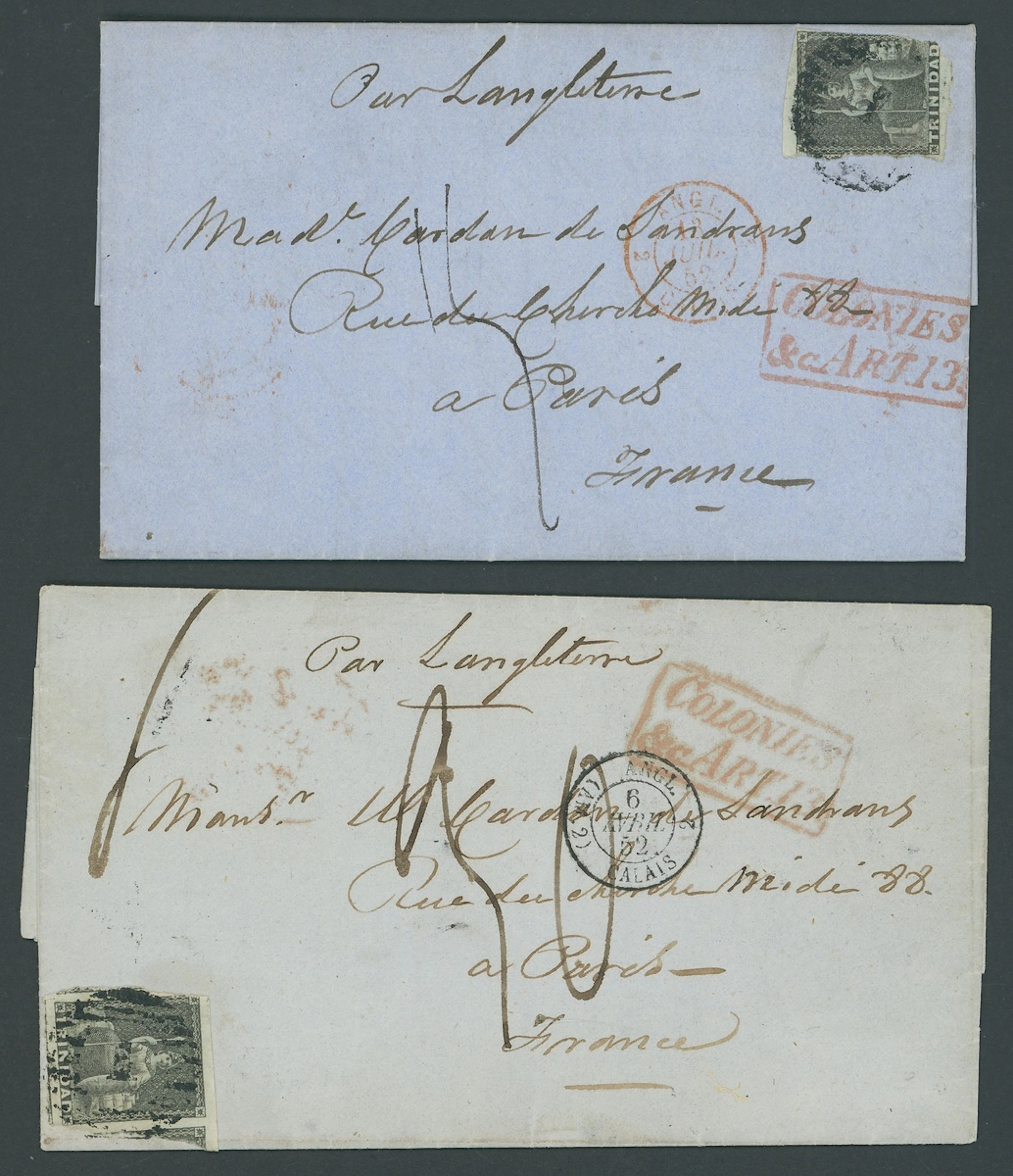 Trinidad Covers and Cancellations 1852 (13 Mar.) and (11 June) entire