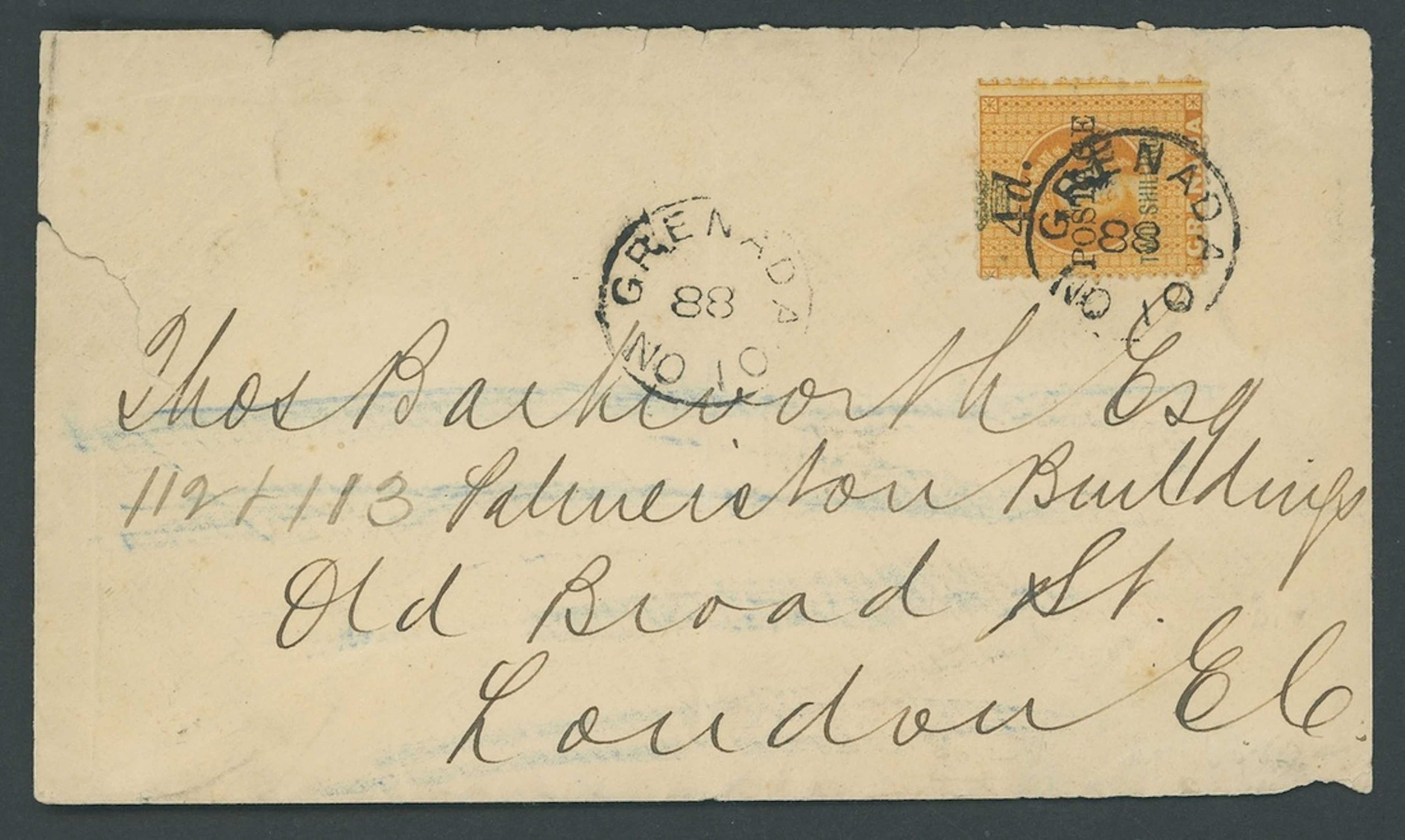 Grenada Issued Stamps 1888 (Mar.) 5mm. spacing, 4d. on 2/- on 1888
