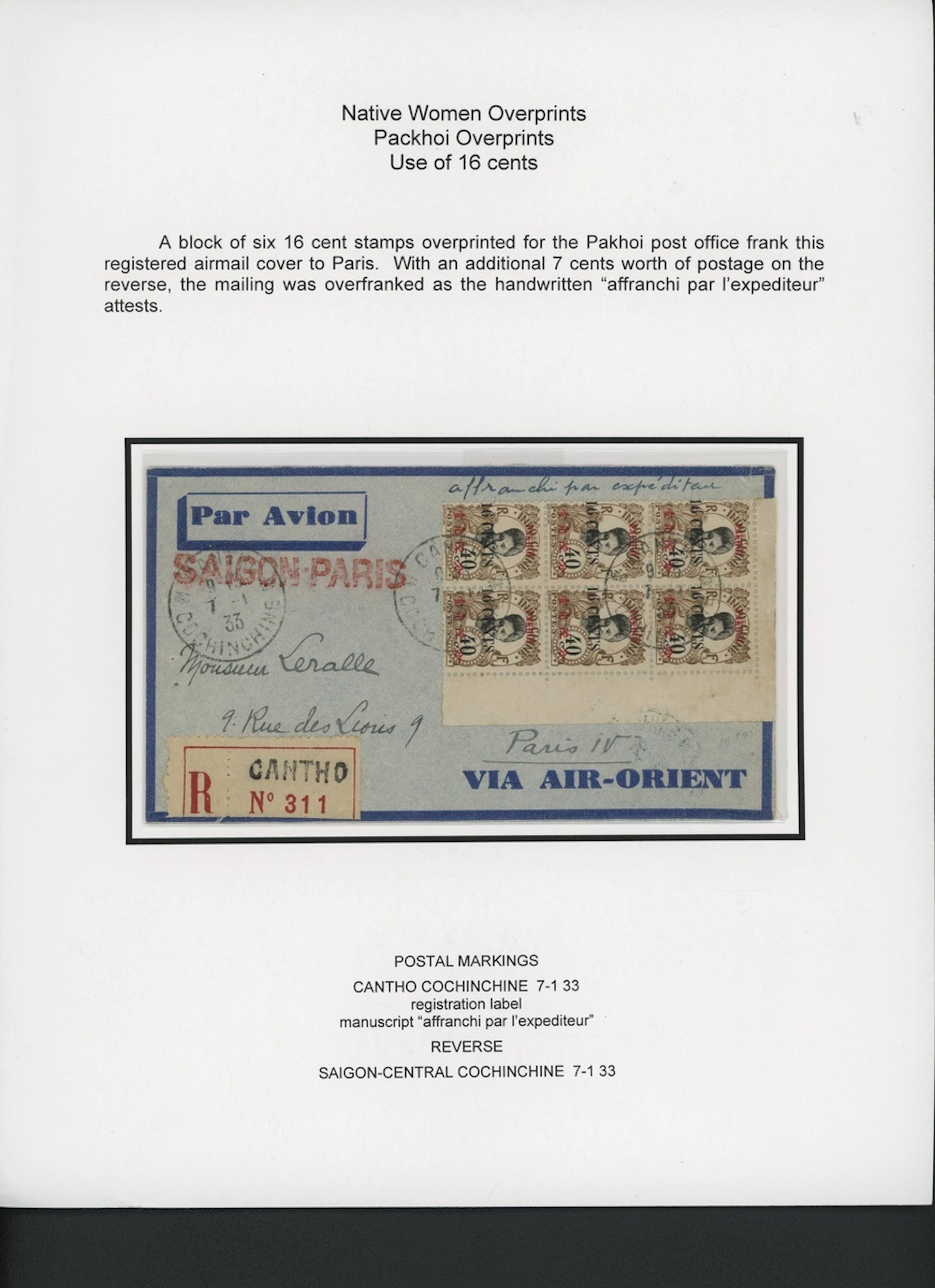 Indo-China French Indo-Chinese Post Office 1919 Native Women overprinted issue