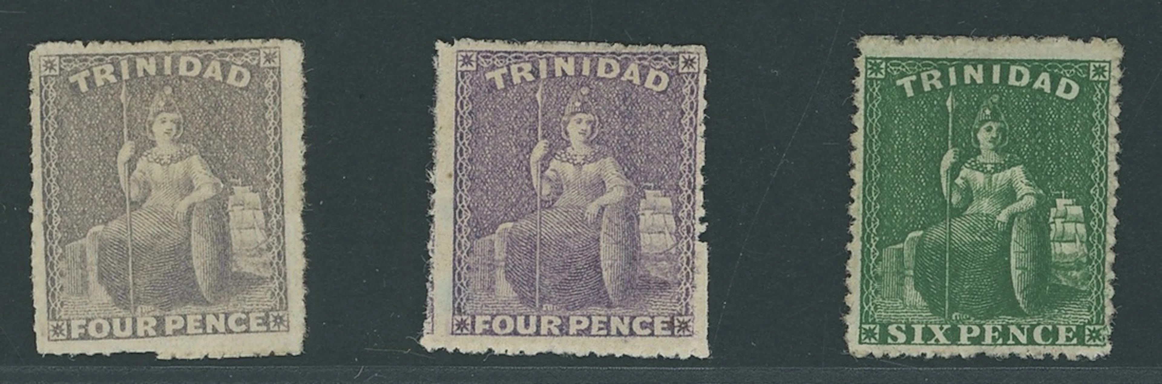 Trinidad 1861 (June) rough perf 14½-16, 4d. lilac (2) unused with