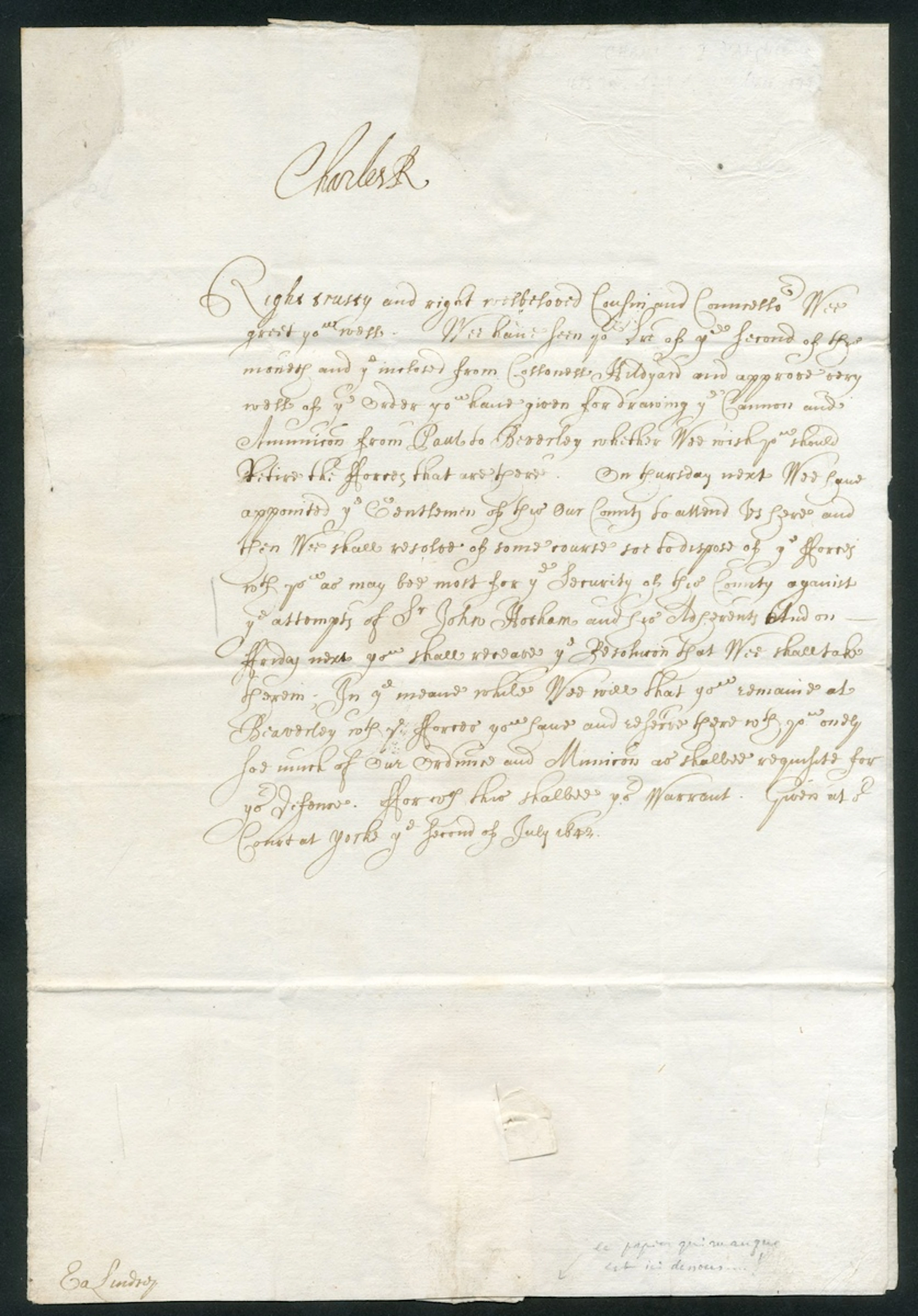 King Charles I - Preparing for the Civil War 1642 (July) letter from