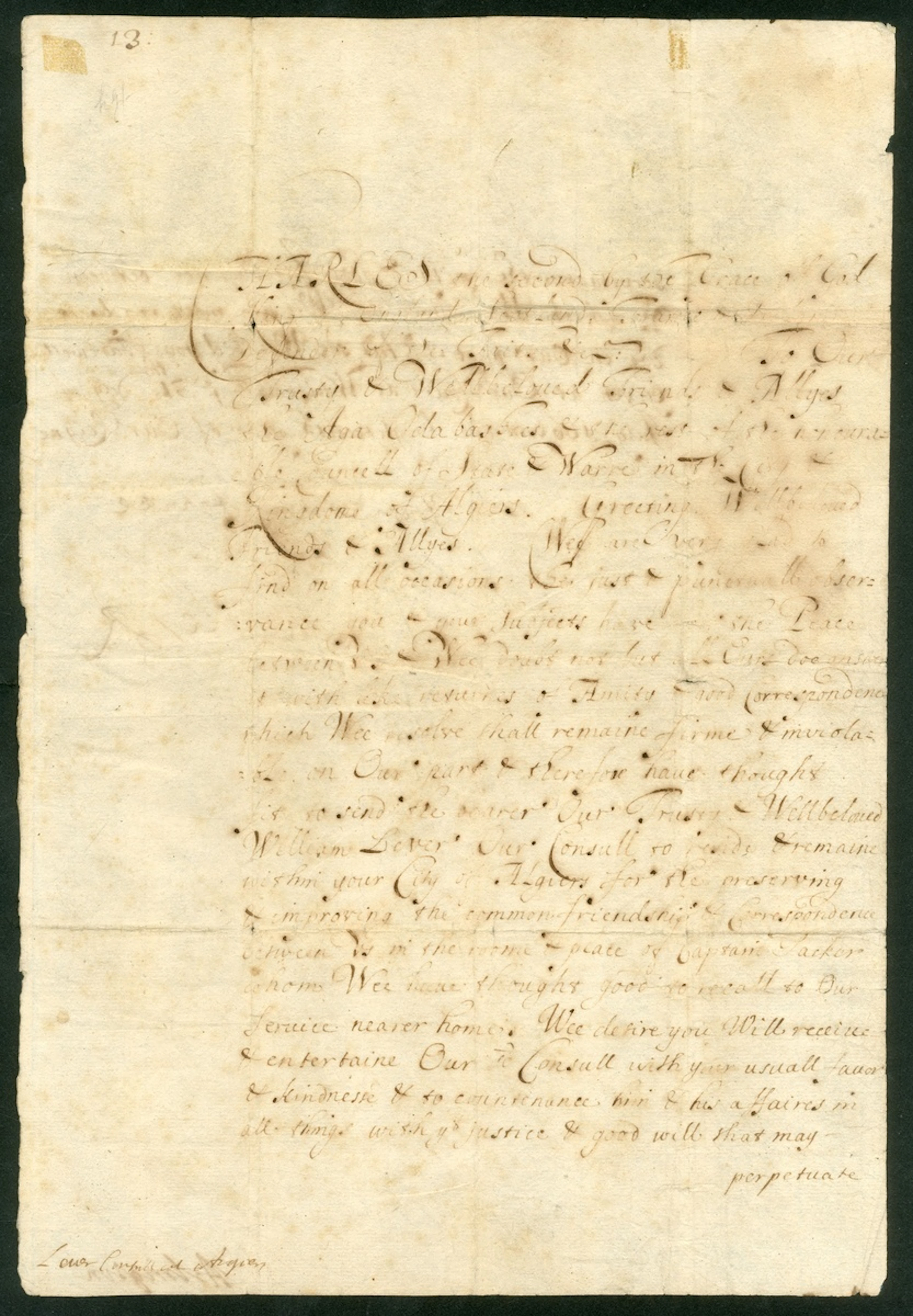 King Charles II - Peace With Algeria 1666 (31 July) letter of appointment
