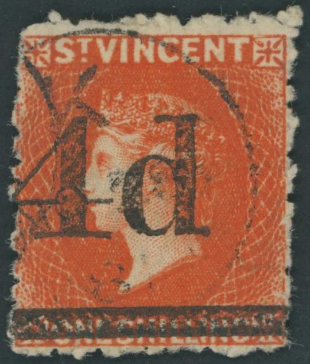 St. Vincent 1881 4d. on 1/- bright vermilion, cancelled with "K" c.d.s.