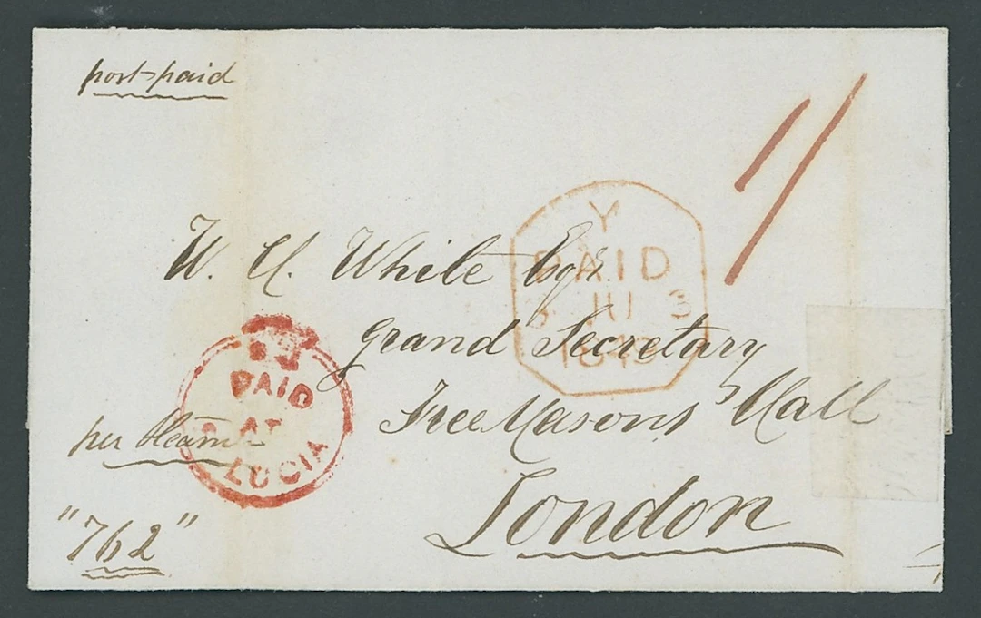 St. Lucia Early Letters and Handstamps "paid/at/st lucia" Crowned