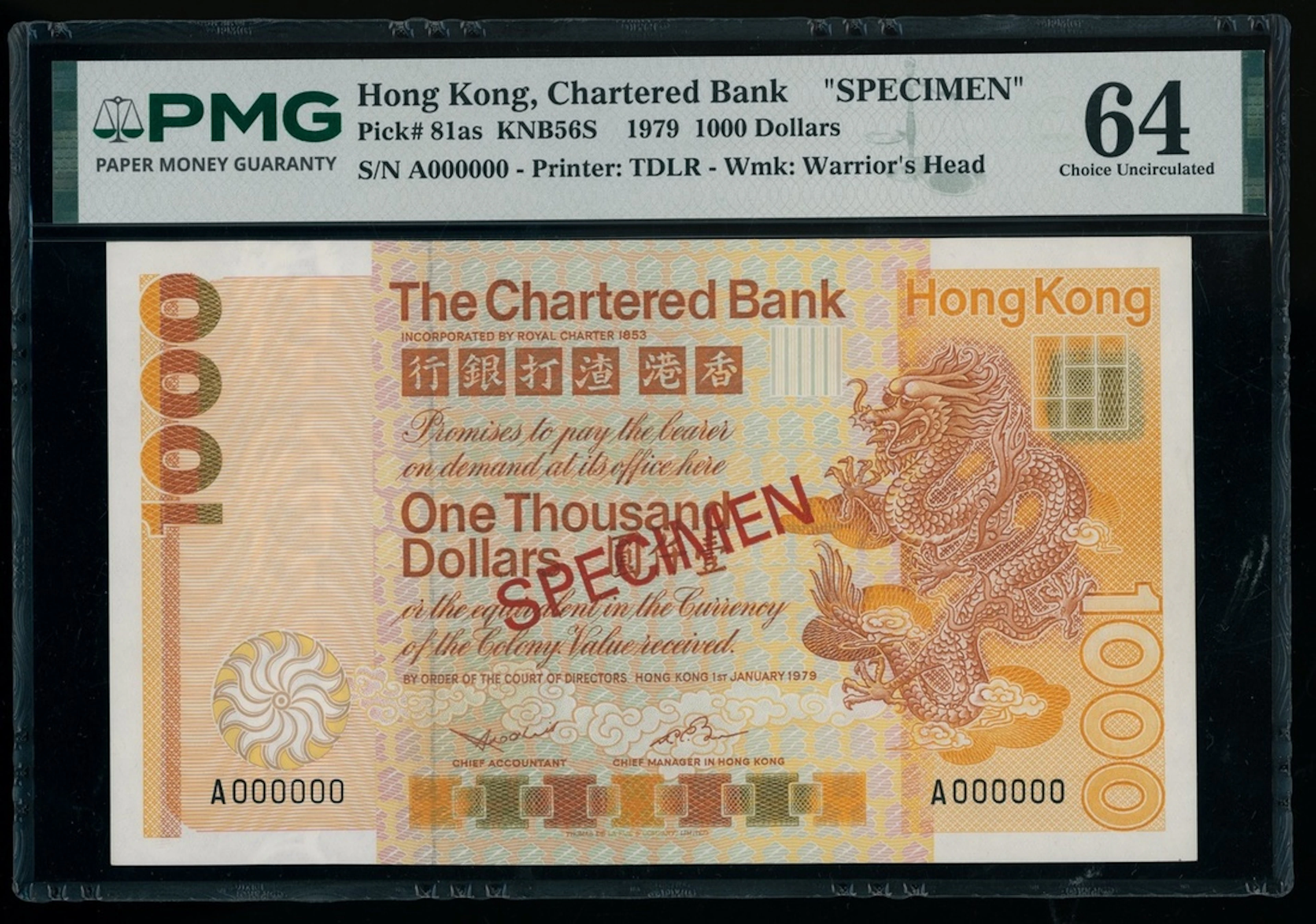 Chartered Bank, Hong Kong, specimen $1000, 1.1.1979, serial number