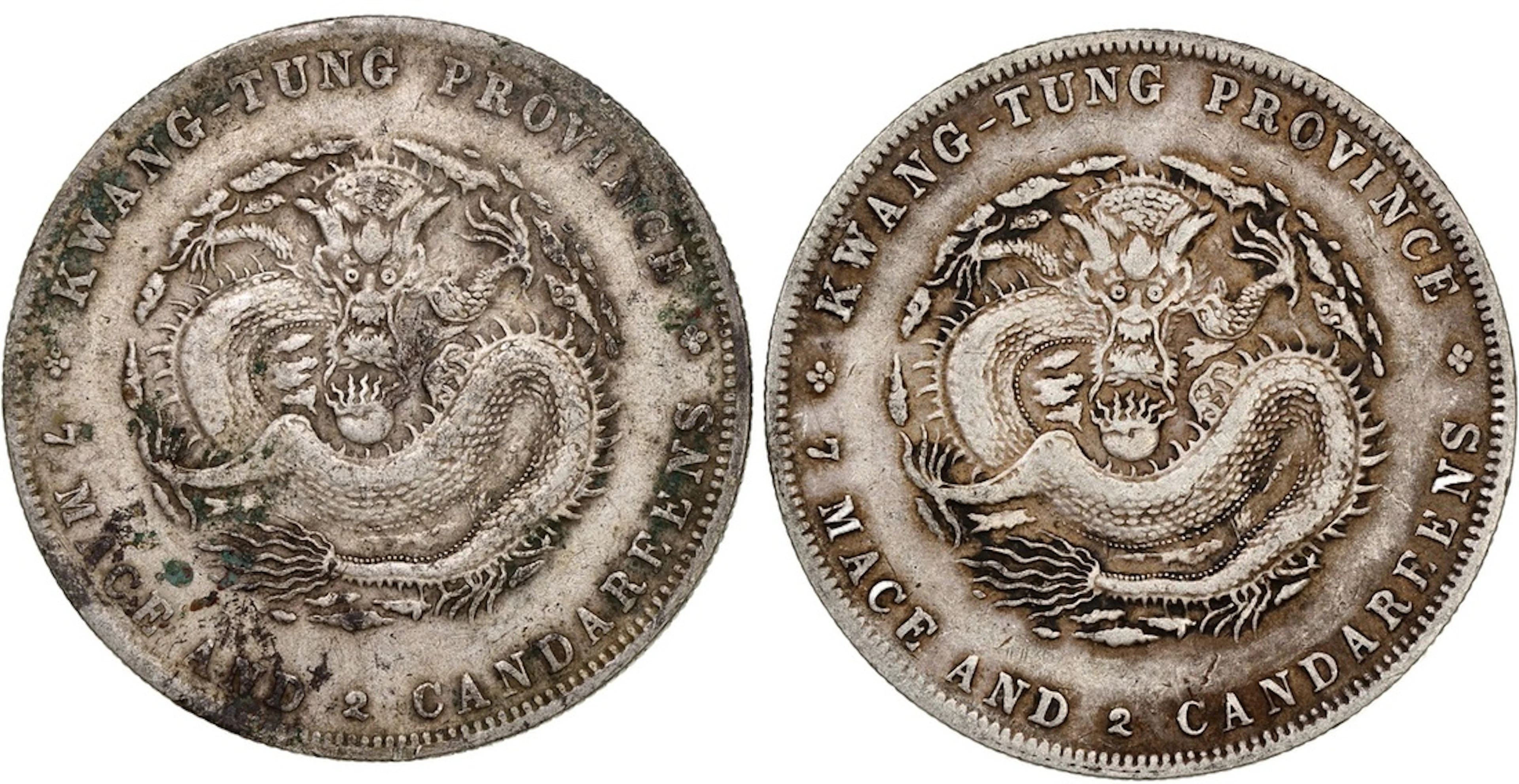 China, Qing Dynasty, Kwangtung Province, a pair of silver dollars