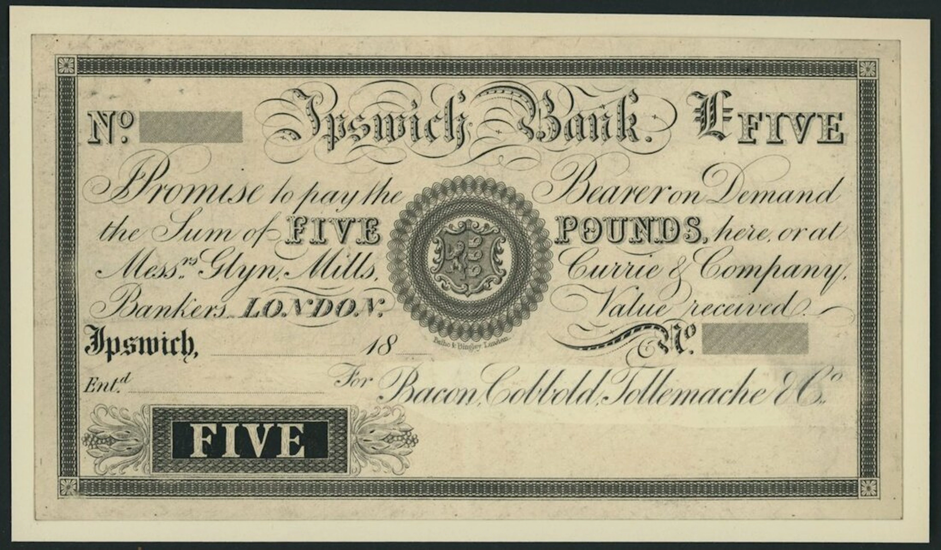 Ipswich Bank, proof £5, Ipswich, dated 18--, (Outing 1045 for type)