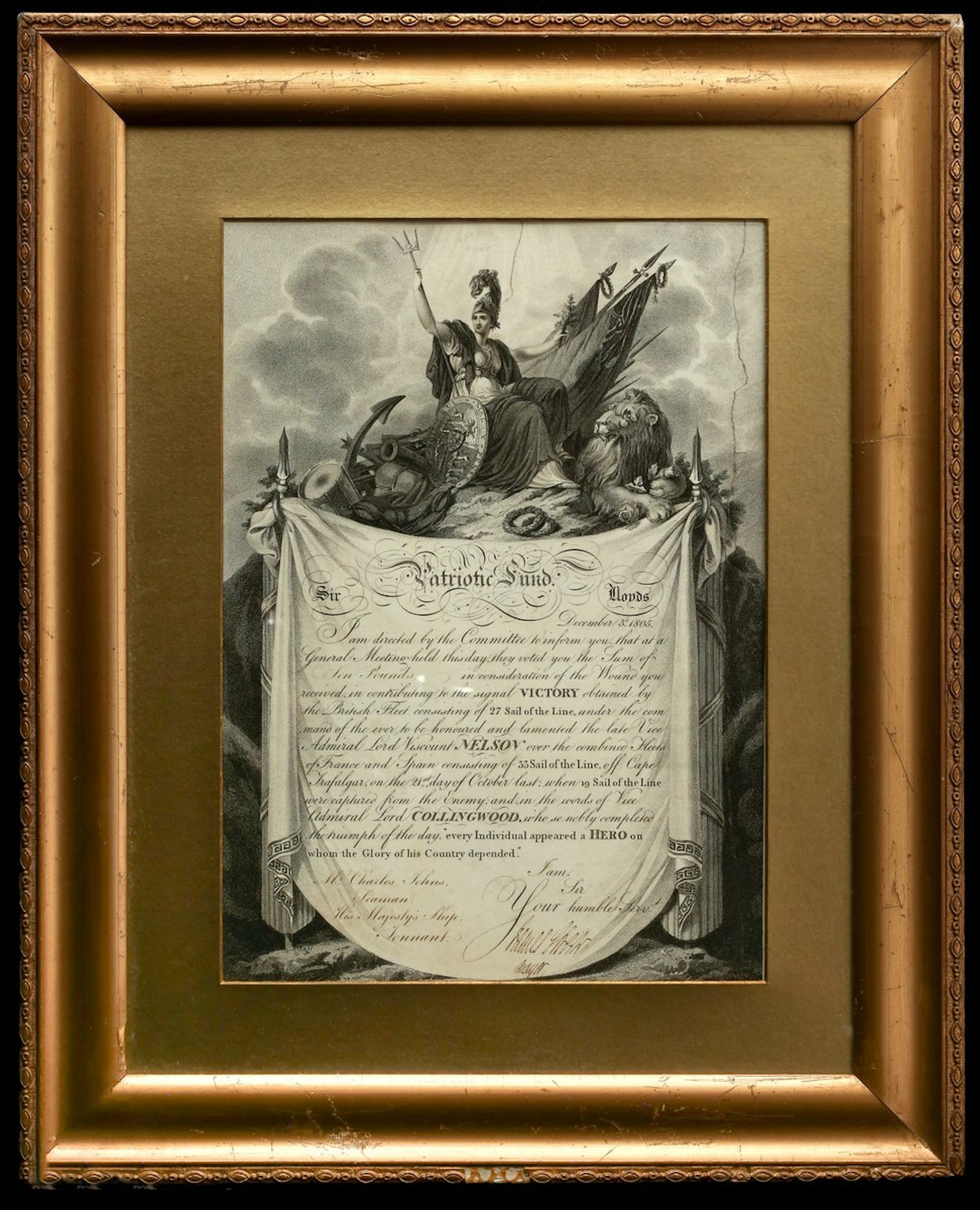 A rare Battle of Trafalgar Lloyd’s Patriotic Fund Honorary Wounds