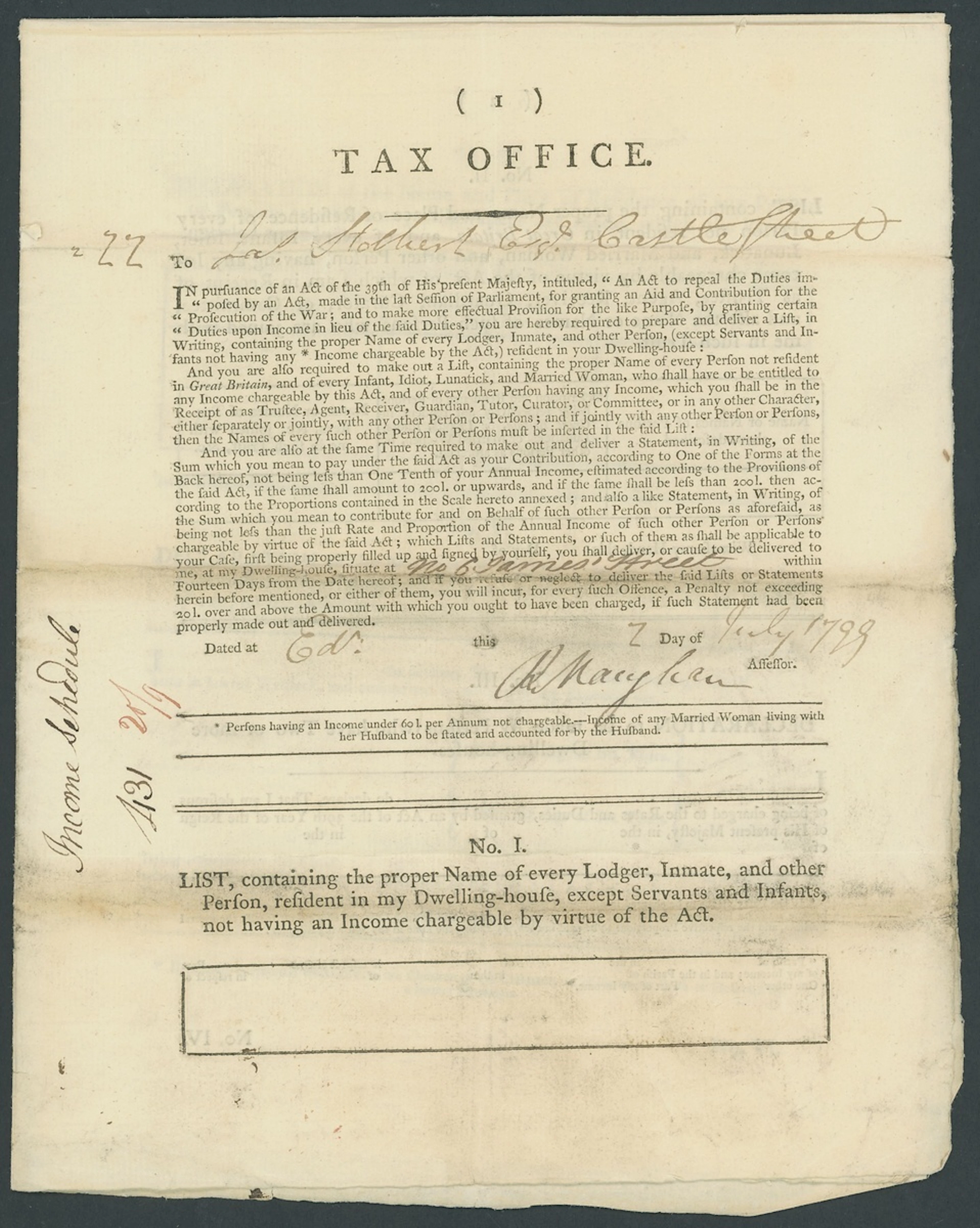 Great Britain Income Tax 1799-1800 The first printed Income Tax Return