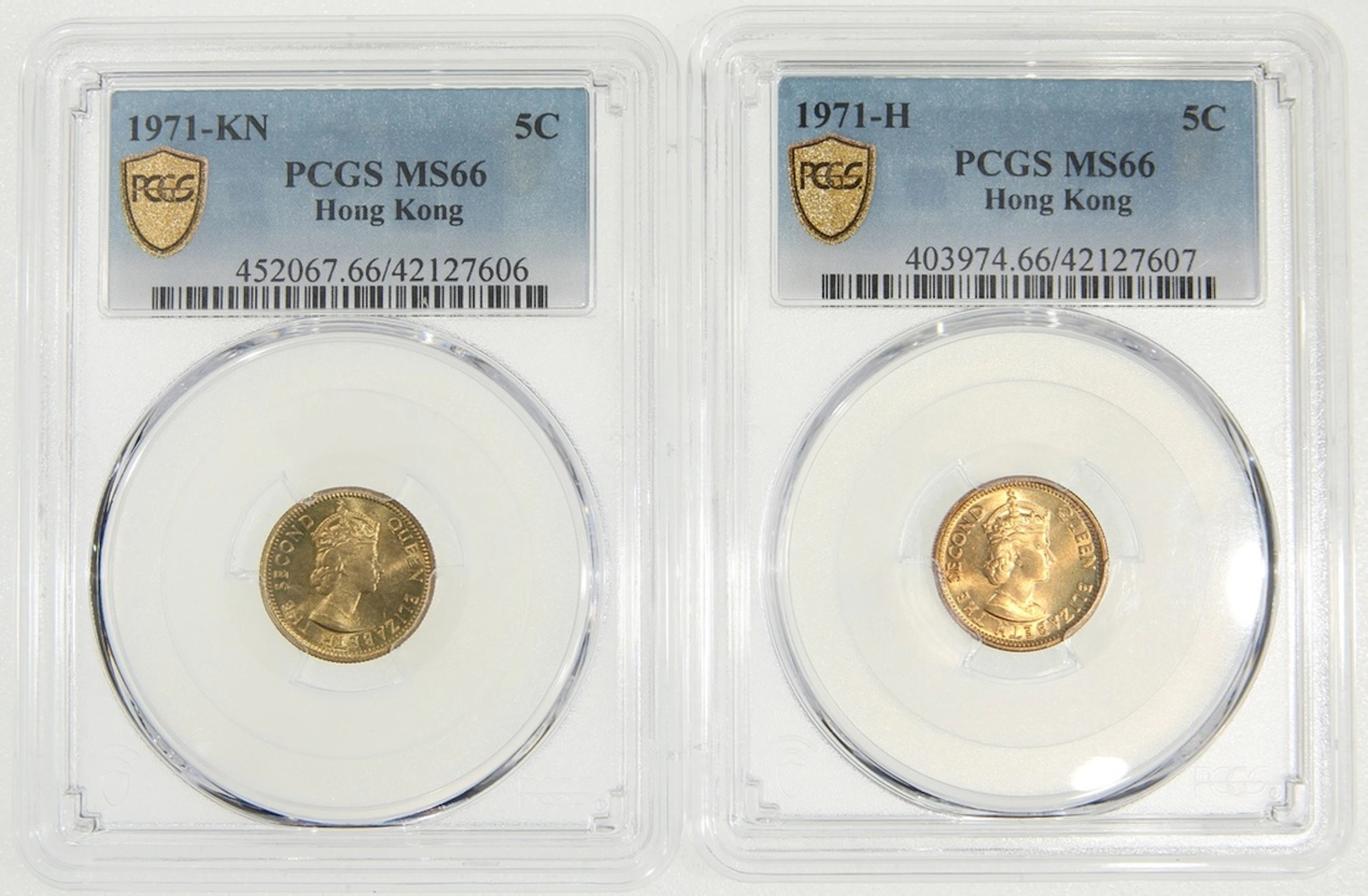 Hong Kong, [PCGS MS66] a pair of nickel brass 5 cents, 1971H and 1971KN