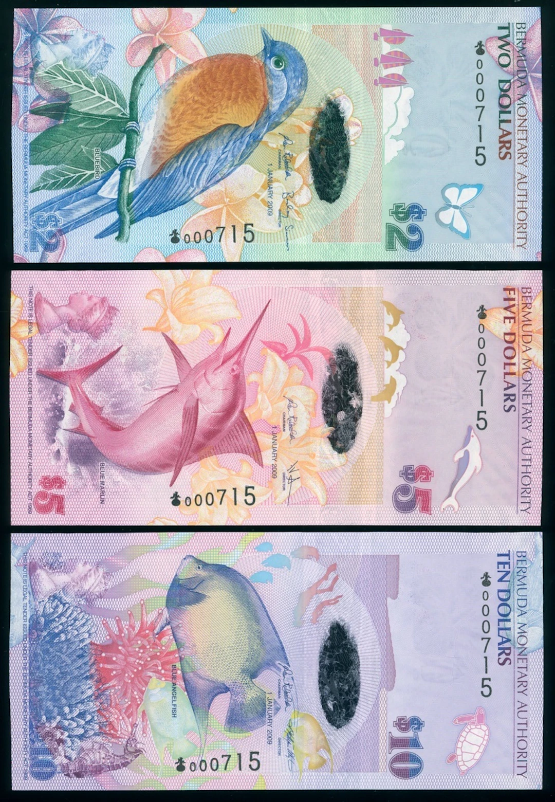 Bermuda Monetary Authority, a matching serial number 00715 set, 2009