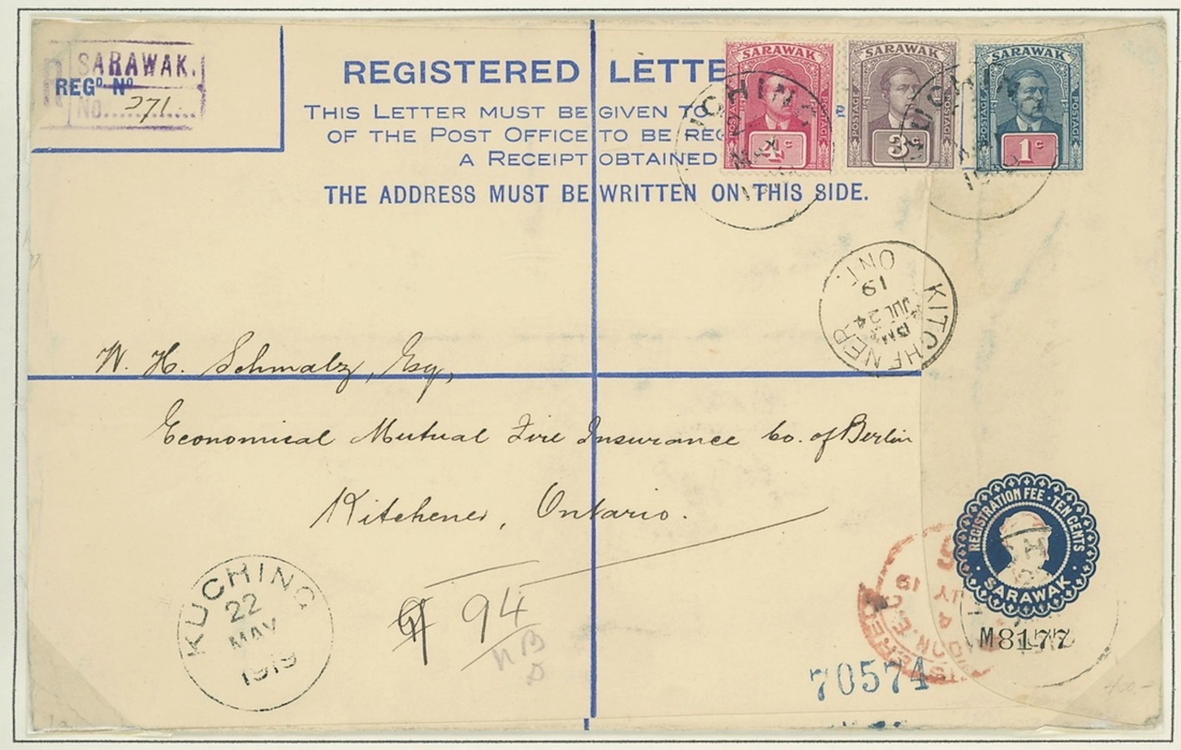 Sarawak Postal Stationery Registered Envelopes 1913 10c. 1919 (22