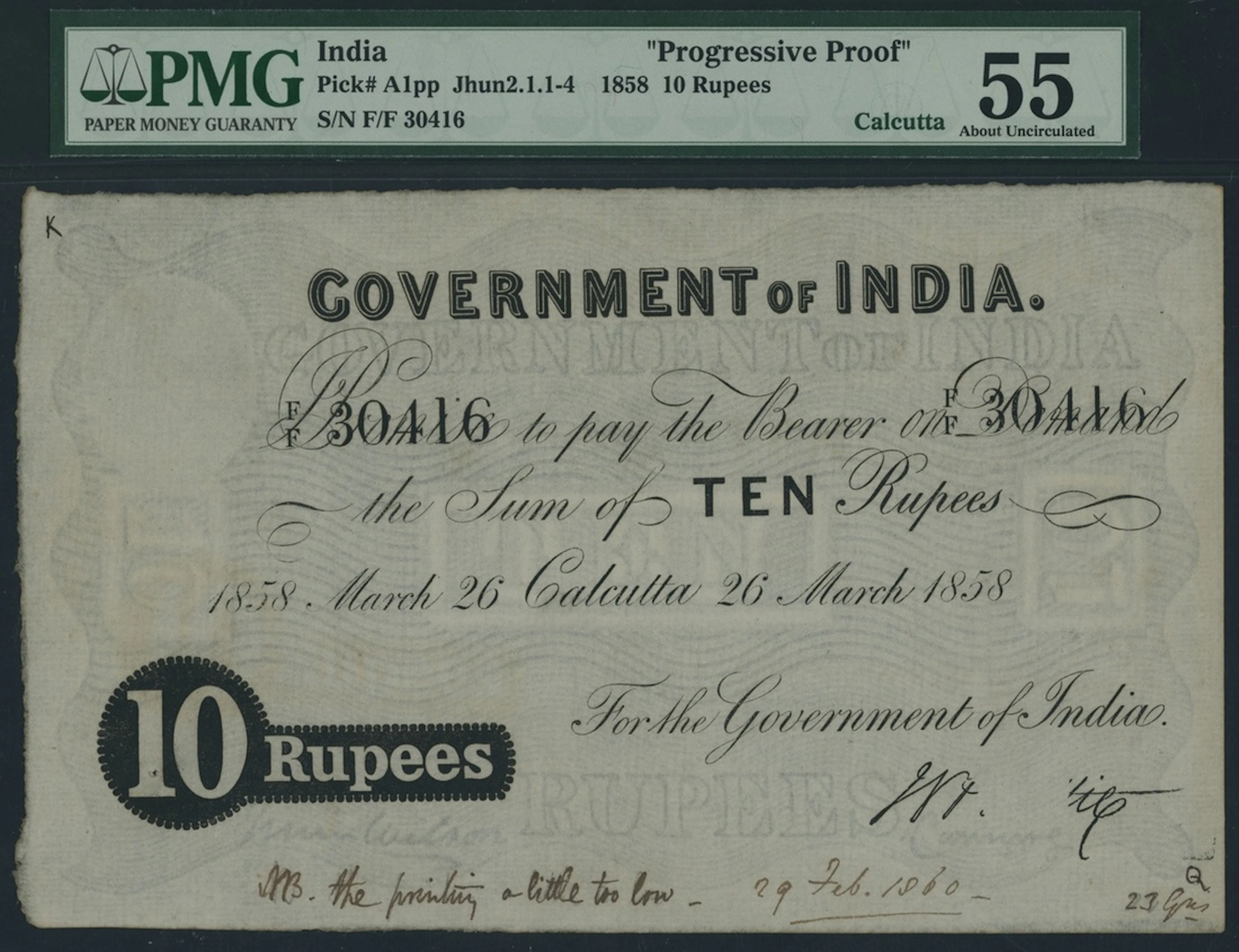 Government of India, progressive proof for 10 Rupees, Calcutta, 26th
