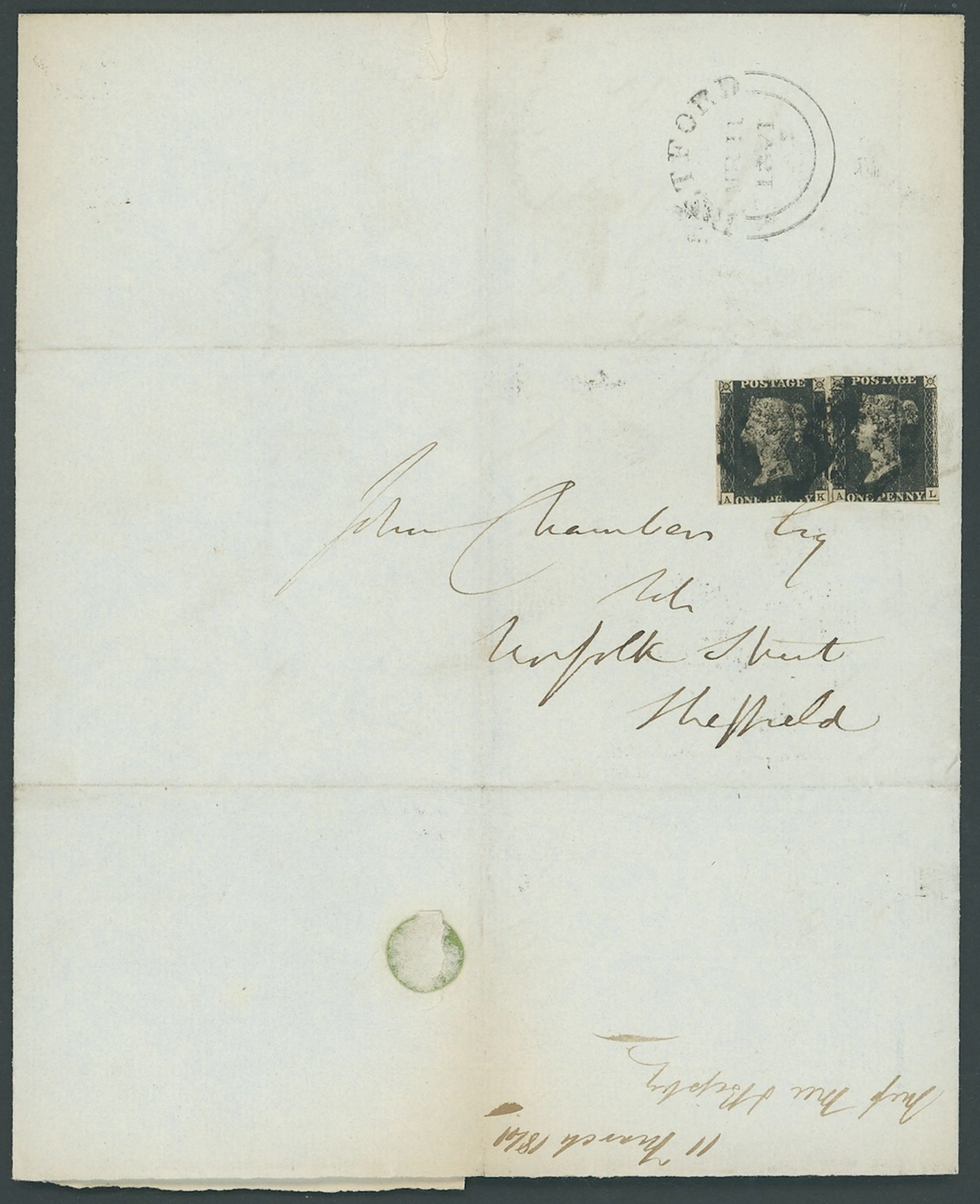 Great Britain 1840 One Penny Black Unplated AK and AL cancelled by