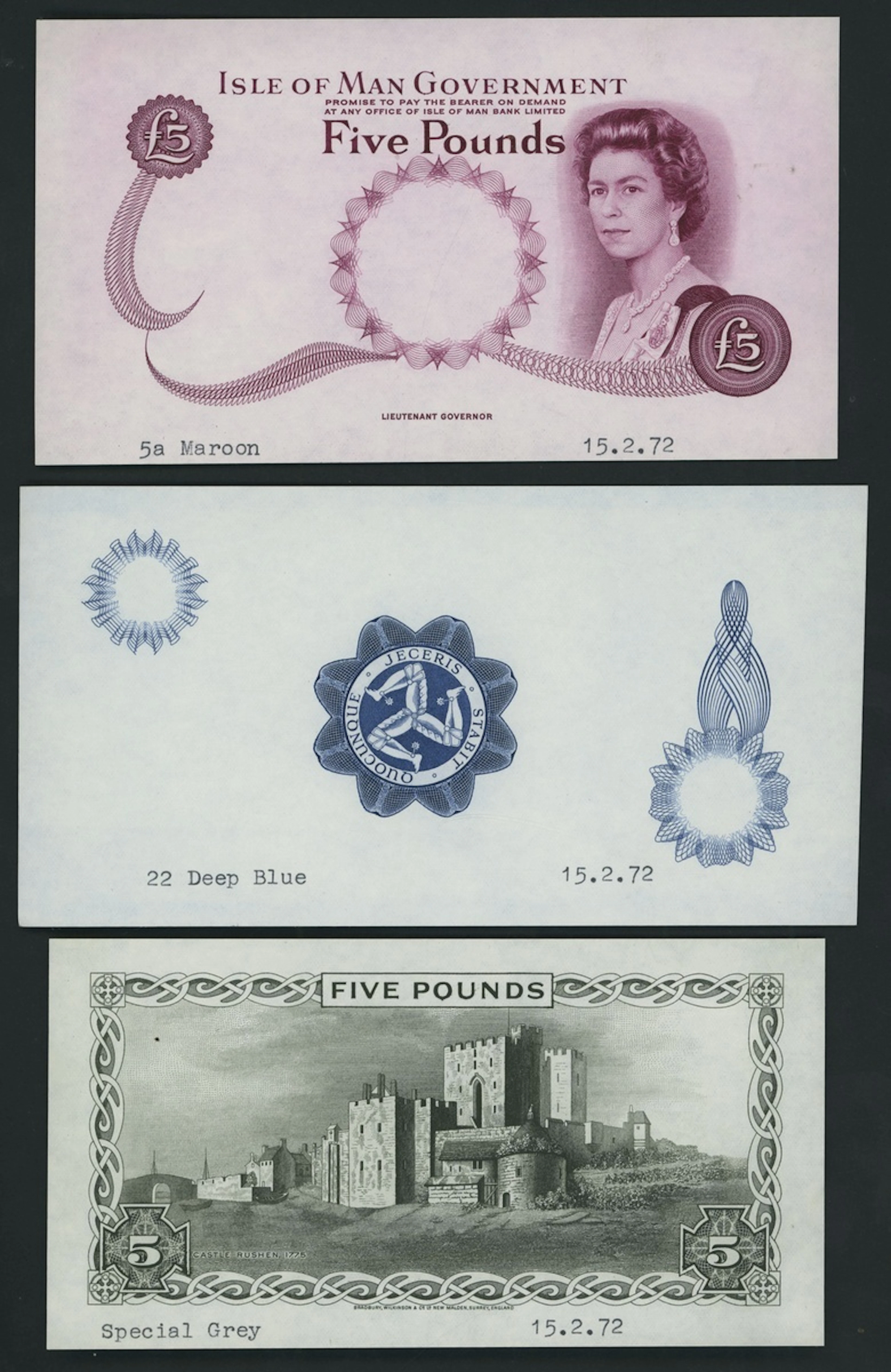 Isle of Man Government, [3 notes] front and back proofs for 5 Pounds