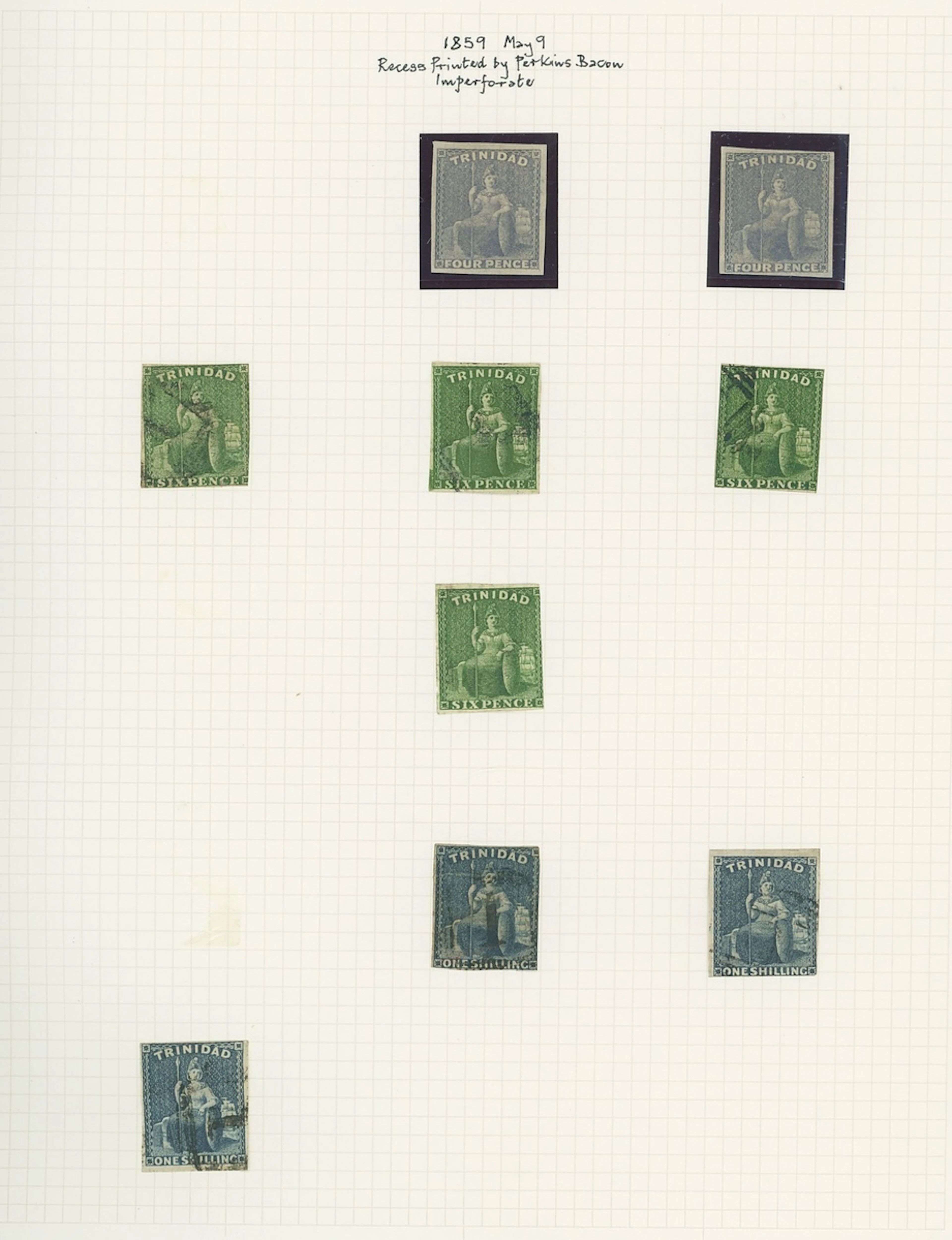 Trinidad 1859 (May) imperf 4d. unused (2) 6d. used (4) and 1/- indigo