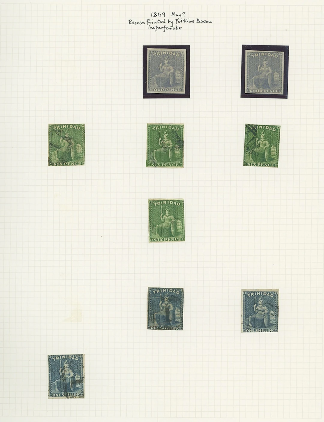 Trinidad 1859 (May) imperf 4d. unused (2) 6d. used (4) and 1/- indigo