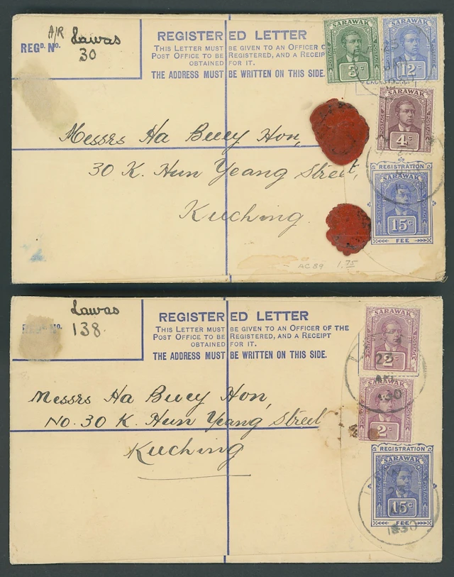 Sarawak Postal Stationery Registered Envelopes 1928 15c. 1930 (25
