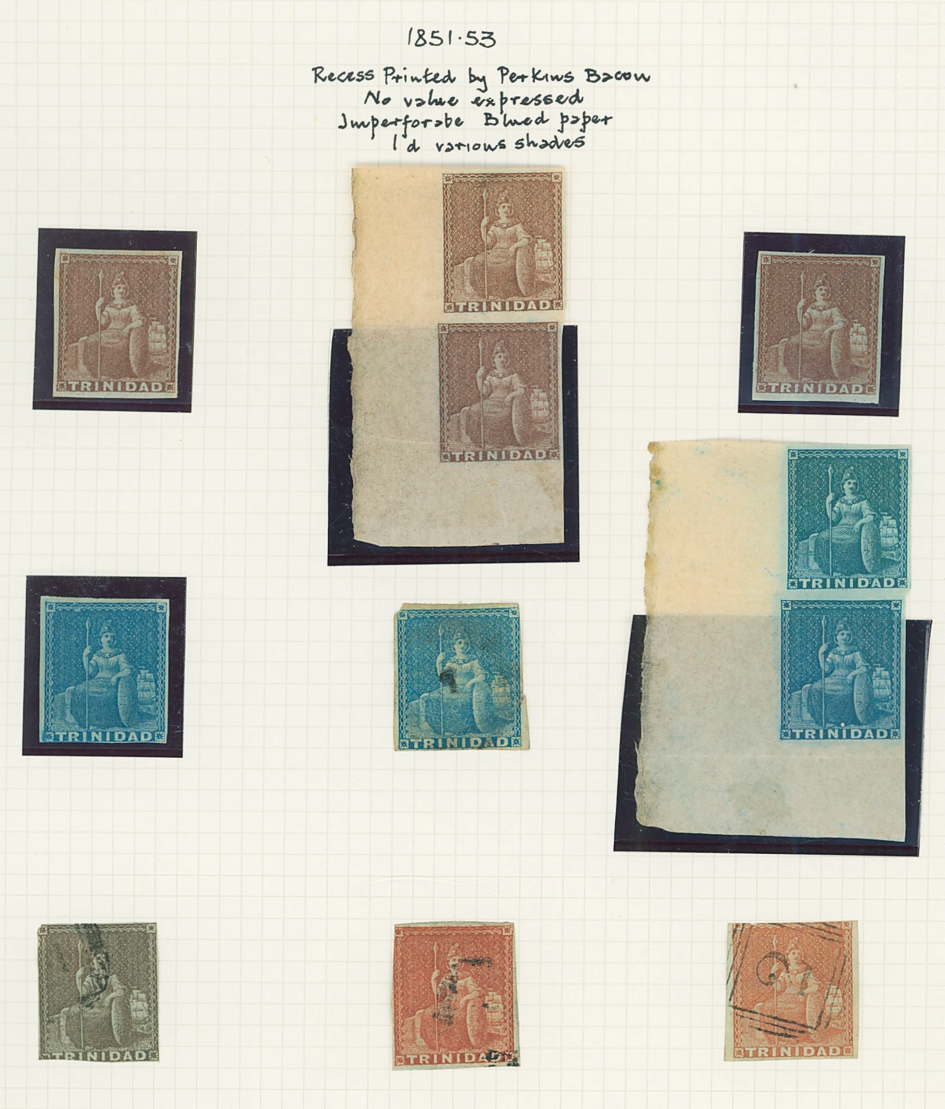 Trinidad 1851-55 imperf, blued paper (1d.) purple-brown lower left