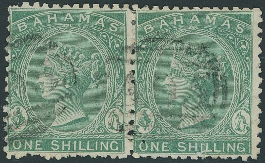 Bahamas 1865 CC perf 12½ 1/- blue-green horizontal pair lightly cancelled